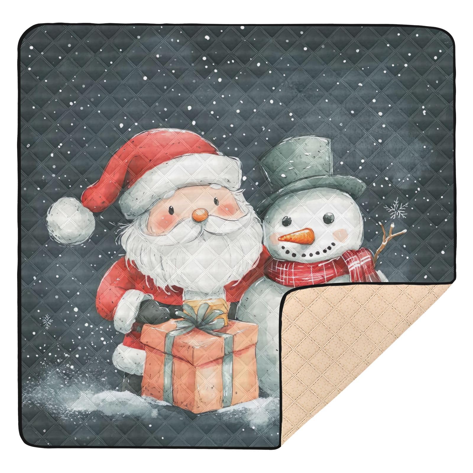 BOESI Doodle Santa and Snowman Pattern Baby Play Mat, 50“ X 50” Washable Folding Crawling Mat, Baby Floor Mat, Soft, Thick, Non-Slip