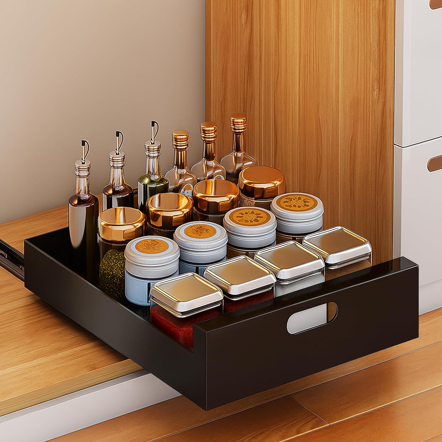 bealy 21'' Deep Pull Out Drawers for Cabinets, 10" W x 21'' D x 3.1" H Sturdy Carbon Steel Cabinet Drawers Slide Out, Pantry Storage Shelves with Nano Adhesive for Kitchen, Bathroom and Living Room Black (1 Pack) 10" Wide-21"Deep