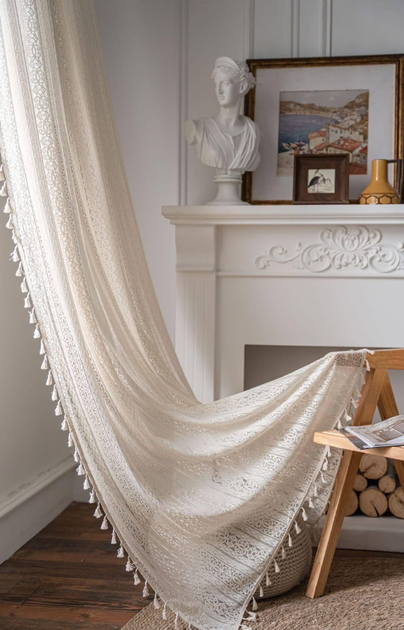 Voile Vorhang mit Ösen, Halbtransparente Vorhänge aus gestrickter Spitze mit Quasten als Dekoration für Zimmer aus Nylon Baumwolle, Beige-Ösen, 150x180CM-2 STÜCK
