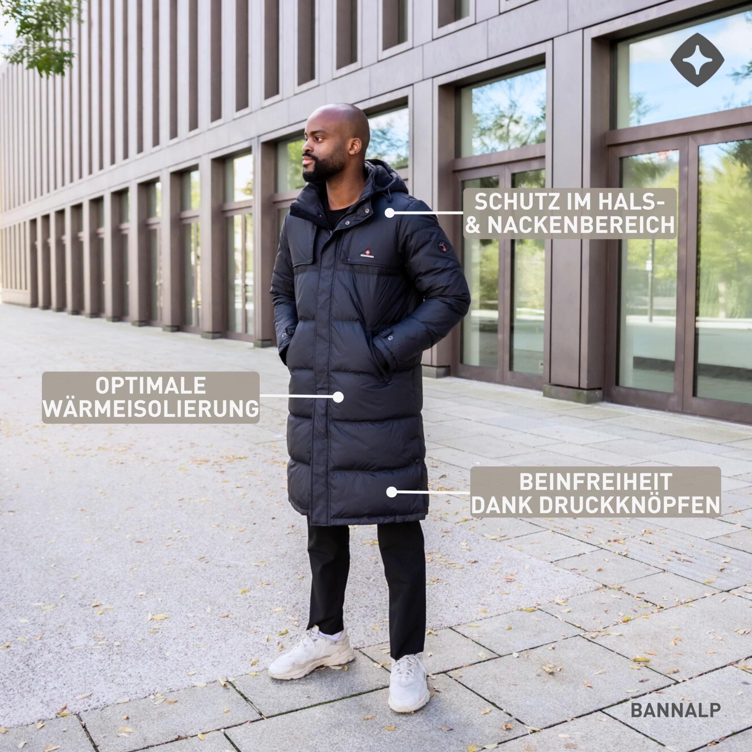 Höhenhorn Bannalp - Abrigo de invierno para hombre, con forro largo, con certificado RDS, plumón y plumas con capucha extraíble