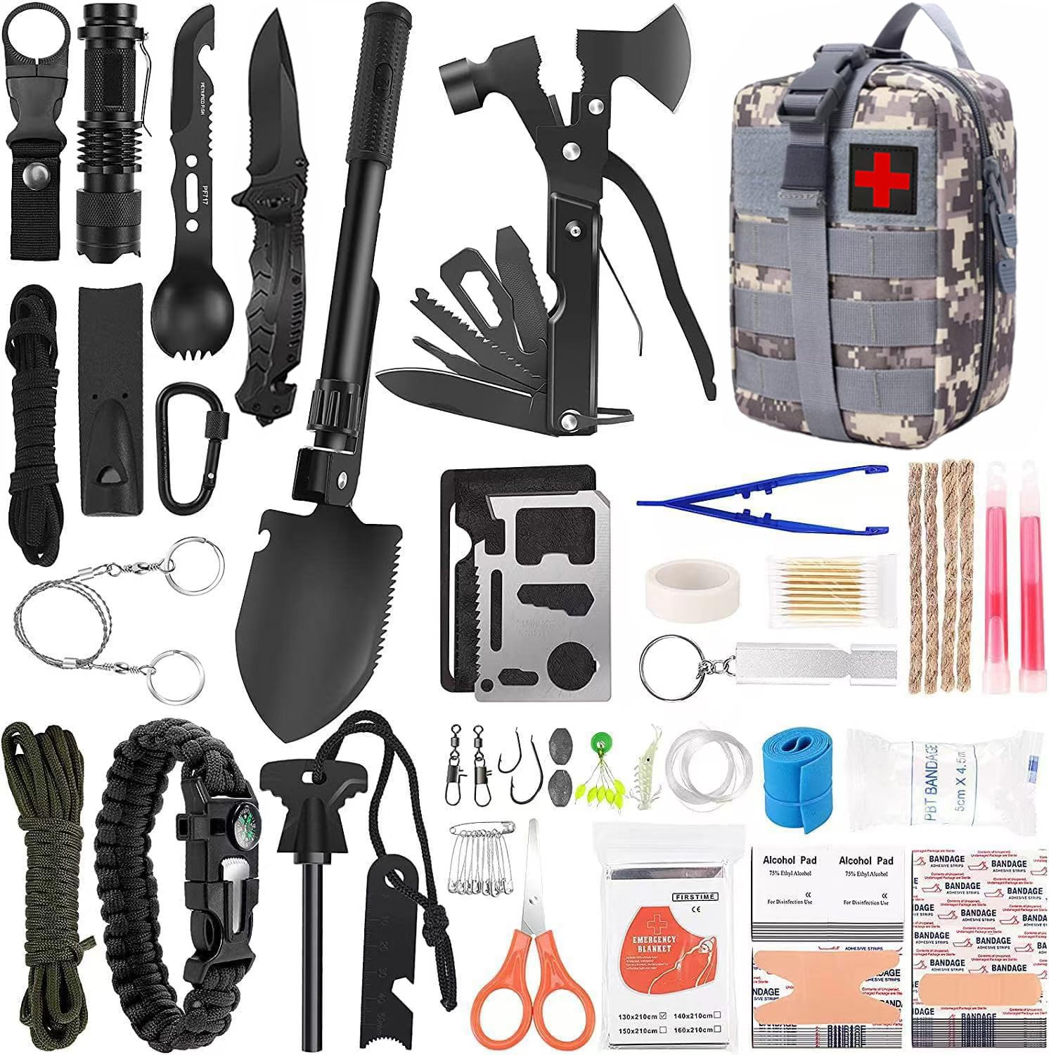scosao Survival Kit 157Pcs Außen Notfall Ausrüstung Survival Set Outdoor Militär Erste-Hilfe-Kit Mehrzweck-Überlebenskit mit Molle-Beutel, für Herren, Camping Abenteuer/Wandern/Jagden