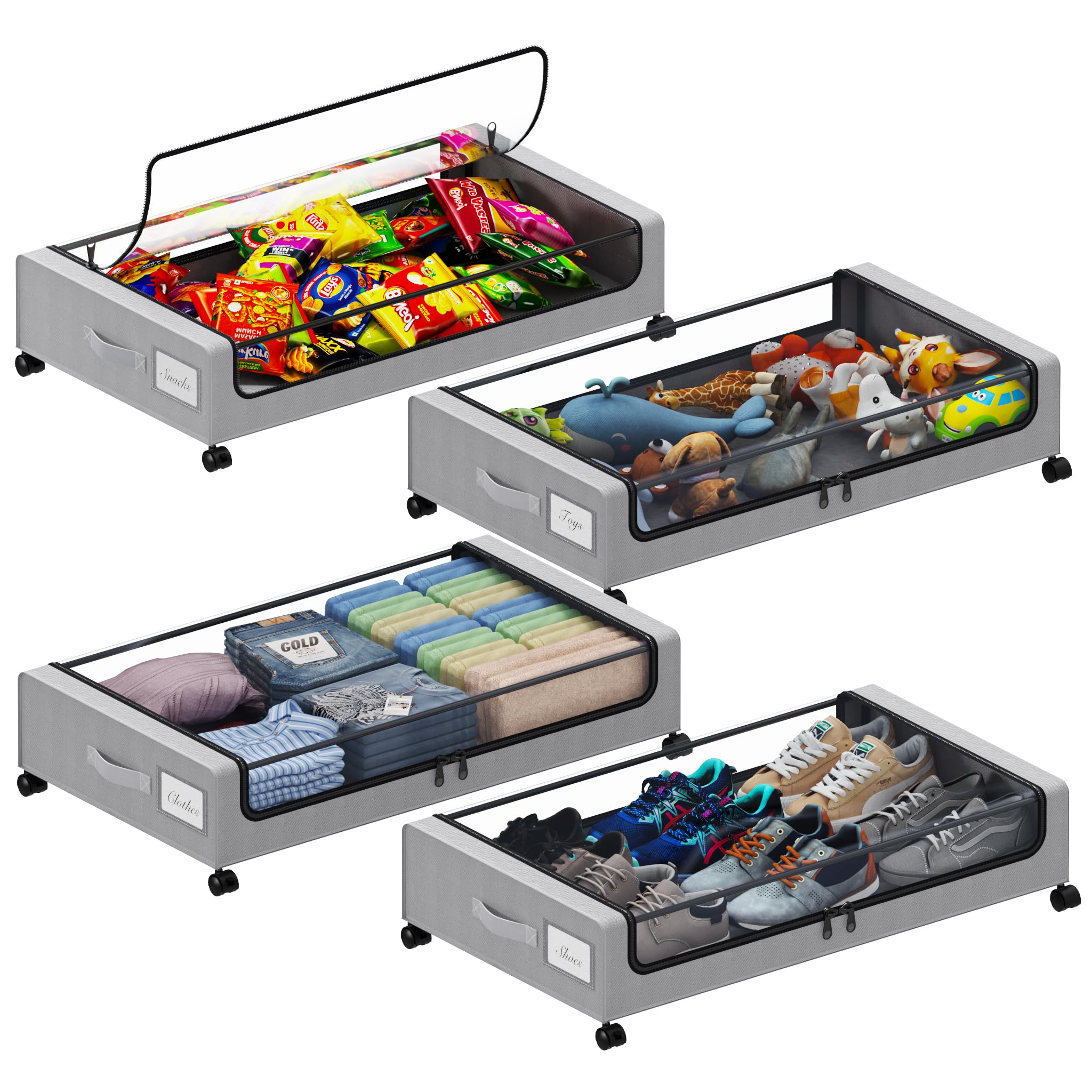 Photo 1 of Tututry Under Bed Storage with Wheels, XXL 60L Under the Bed Storage Bins, Underbed Storage Containers with Lids & Label, Rolling Metal Drawer for Shoes, Clothes, Books, Toys (4-Pack Gray)