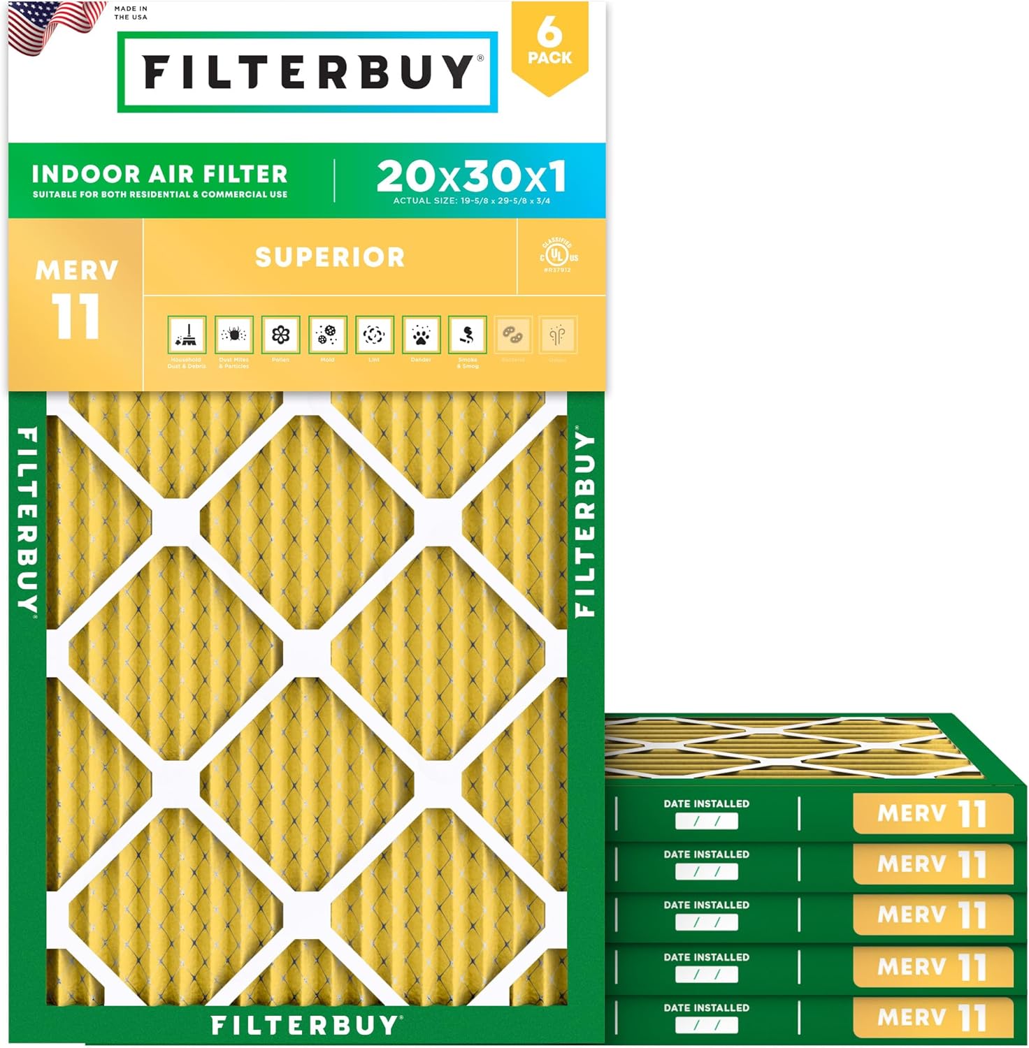 Filterbuy 20x30x1 Air Filter MERV 11 Superior Pet & Allergy Defense (6-Pack), Electrostatic Pleated HVAC AC Furnace Filters Replacement (Actual Size: 19.63 x 29.63 x 0.75)