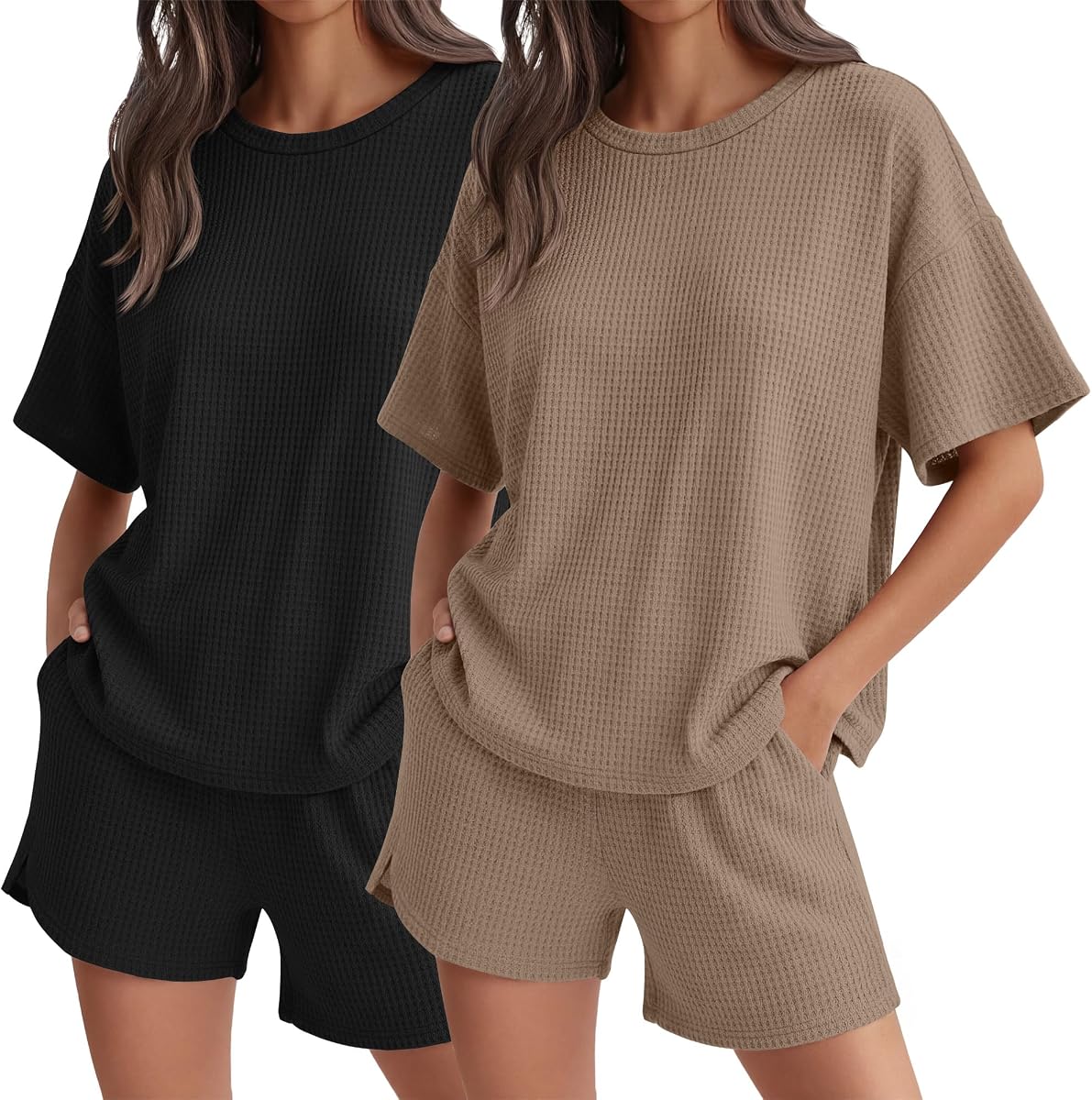 Neer 2 Pack Women's Waffle Knit Pajama Sets | Short Sleeve Top and Shorts Set, Loungewear, Matching Pj, Sleepwear, Soft Textured Fabric, Drawstring Waist, Pockets, Home