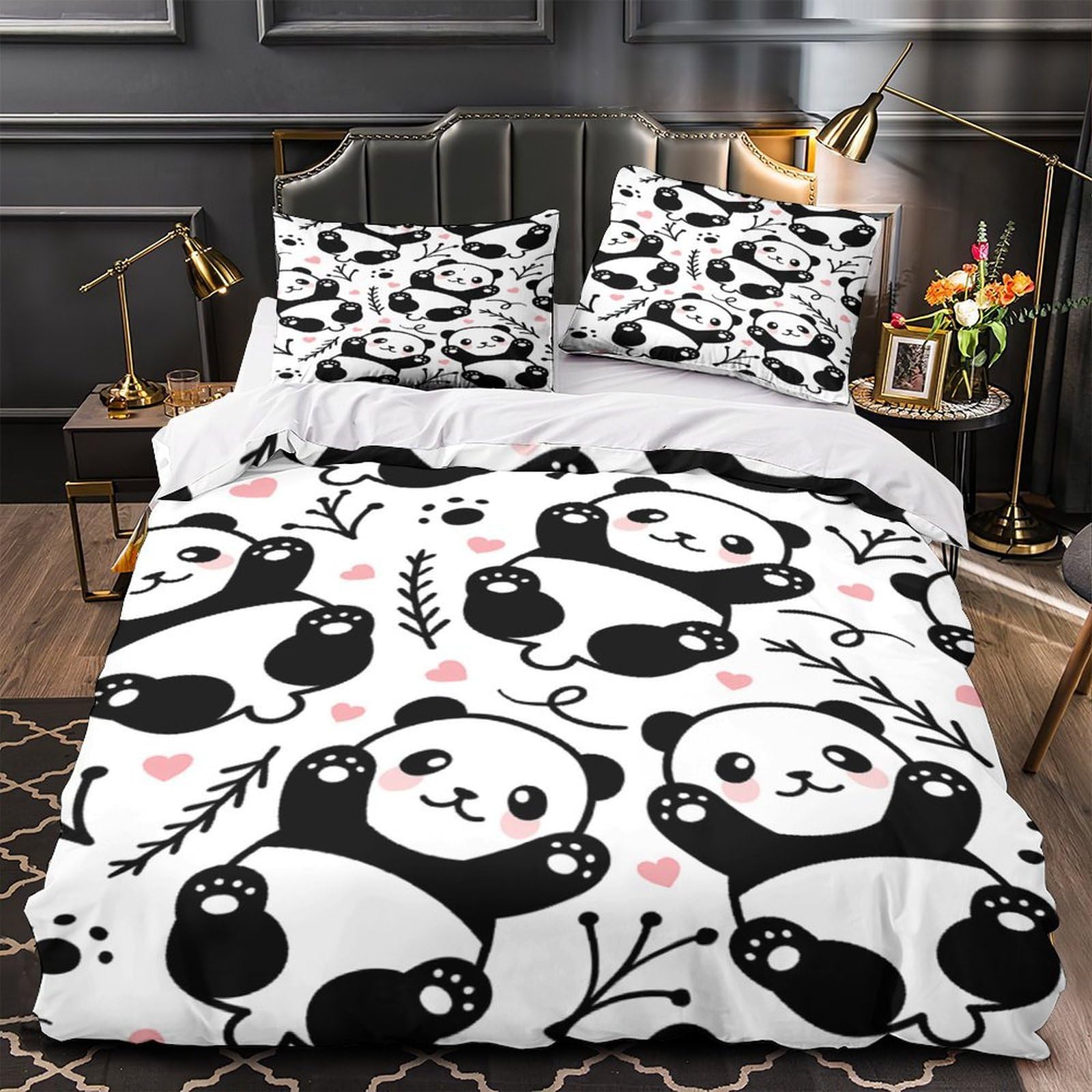 Parure de lit panda housse de couette microfibre 260x220 cm avec 2 taies d'oreiller