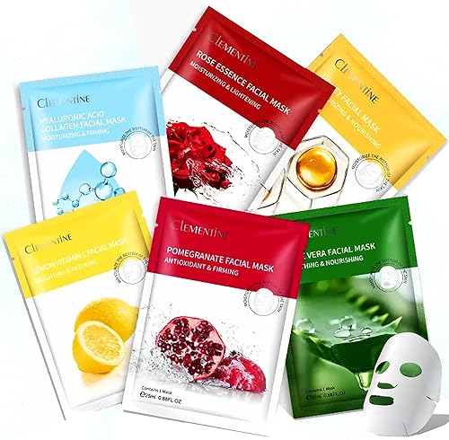 Clementine - Juego de sábanas de mascarillas hidratantes, 6 en 1, antienvejecimiento e hidratantes, ingredientes naturales, 6 bolsas (0.88 onzas
