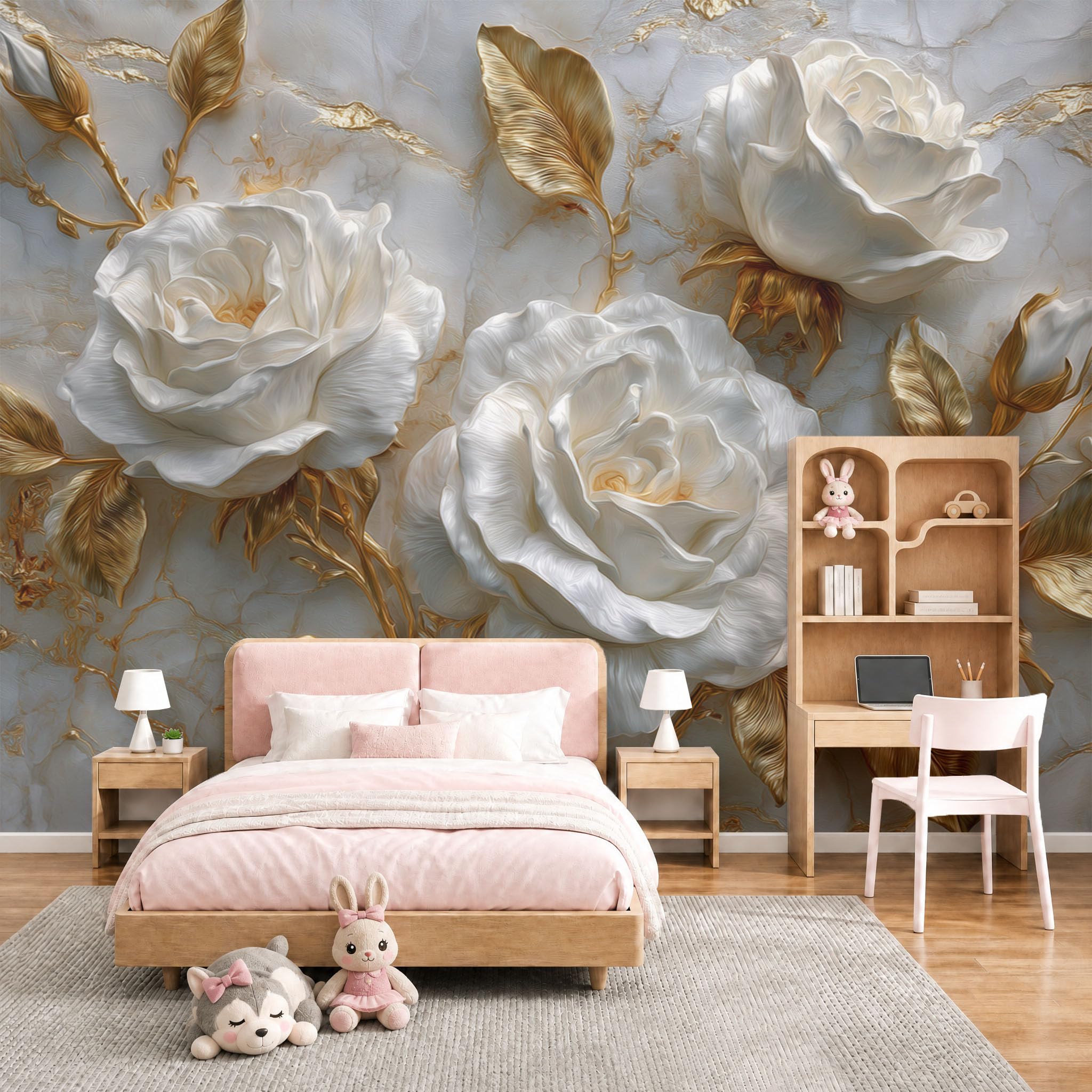 Lujo Ligero Al Estilo Europeo Papel Pintado Panorámico 400 x 280 cm Seda Rosa Lujo 3D Decoración para Niños Dormitorio Salón Mural Póster Grande, Oro