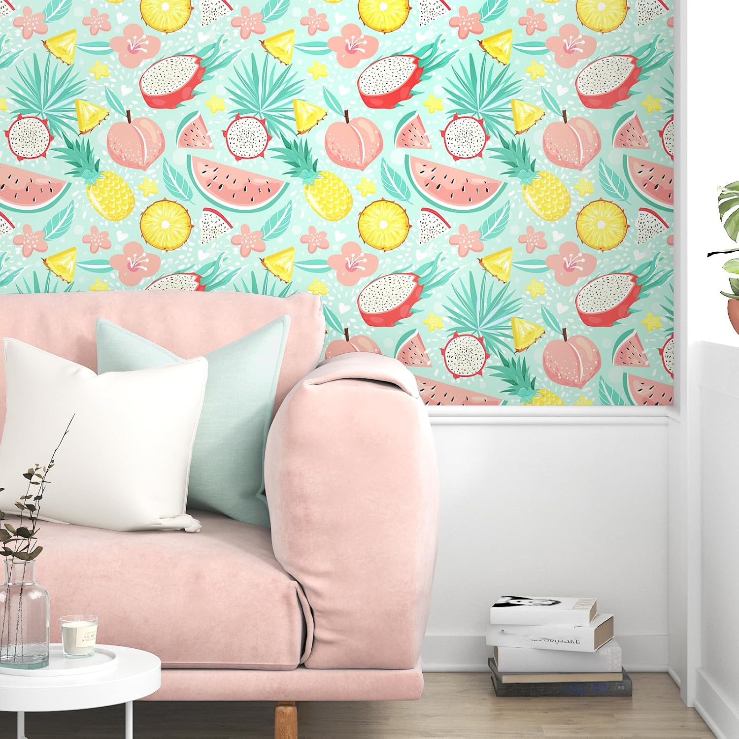 Fruit Floral Peel and Stick Wallpaper Green Summer Fruit Contact Paper for Bedroom Living Room Wall Covering Cartoon Food Kids Wall Paper Self-Adhesive Vinyl Wallpaper Home Decor 17.5" x 118"