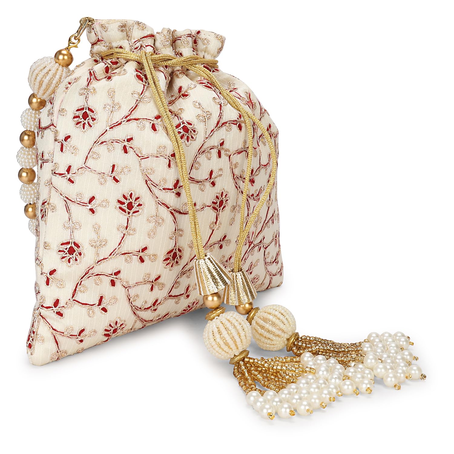 LONGING TO BUY Indian Embroidered Pearl Potli Bag For Women, Sequence Design with Tassel, Wedding Potli Bags