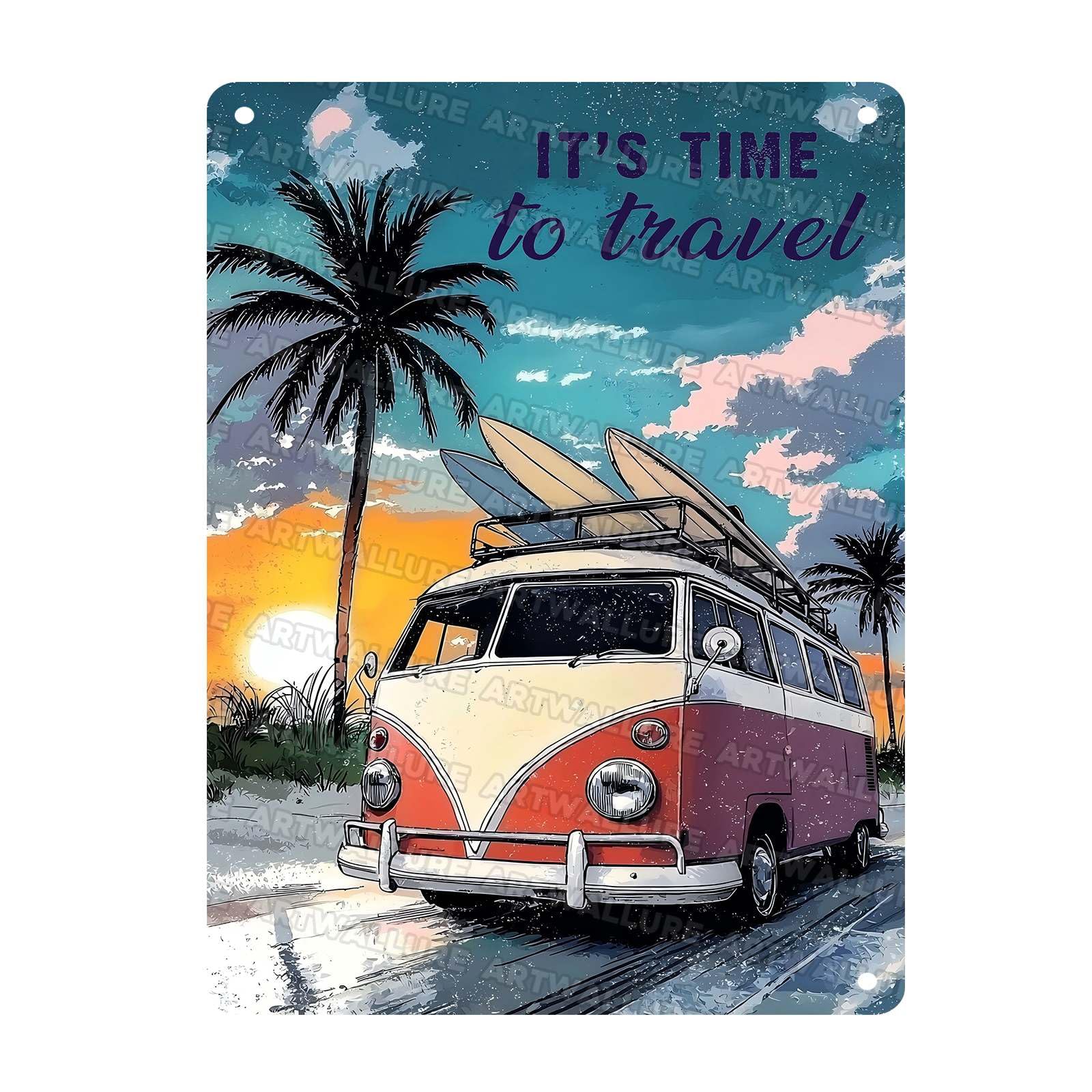 Beach Vintage Tin Sign It's Time to Travel Metal Sign for Cafes Restaurants Hotels Farmhouses Garden Gate Wall Plaque of Art Decoration 12x16Inch