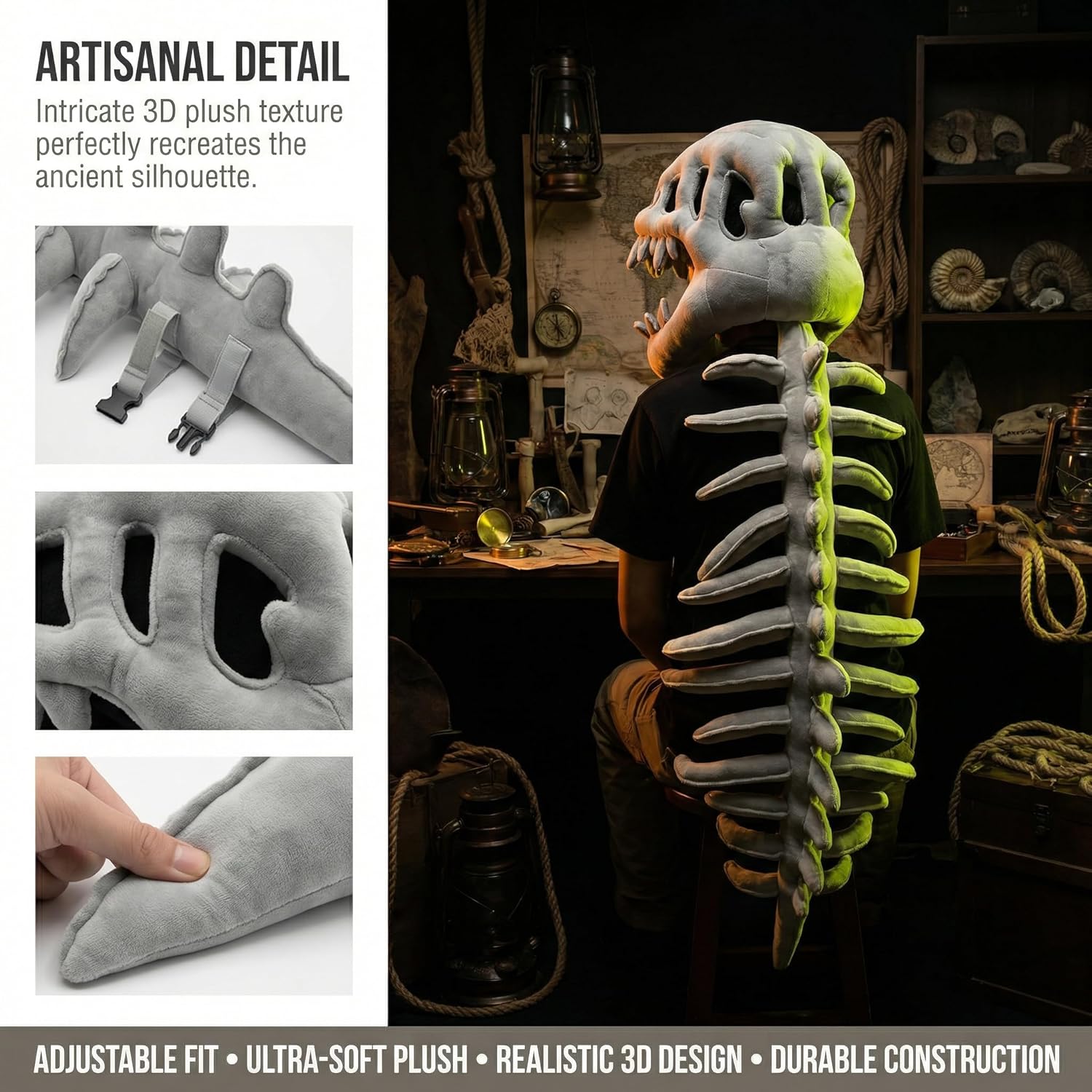 Dinosaur Skeleton Headgear Pillow, Dinosaur Skeleton Costume, Realistic Dinosaur Skeletons Set with Spine Extension for Halloween, and Themed Parties (30IN)