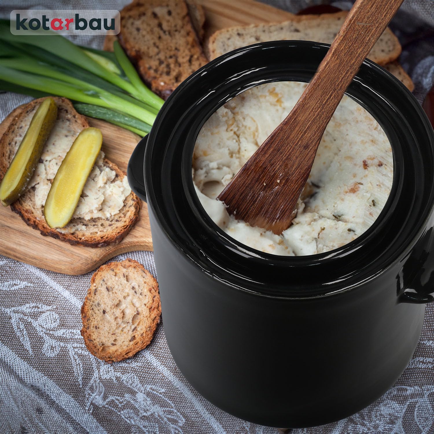 KOTARBAU® Kimchi Pot à fermentation en faïence 5 l Pot à rhum Pot à choucroute Pot en argile avec couvercle Pot à rhum avec couvercle en bois d'ébène Pot à concombre Hermétique