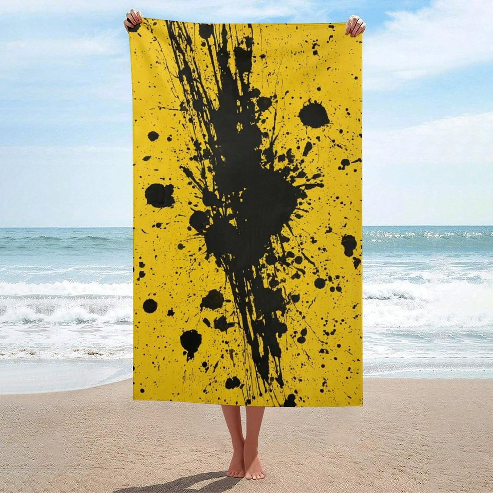 asbwuo Black Paint Splattered on Yellow Beach Towel