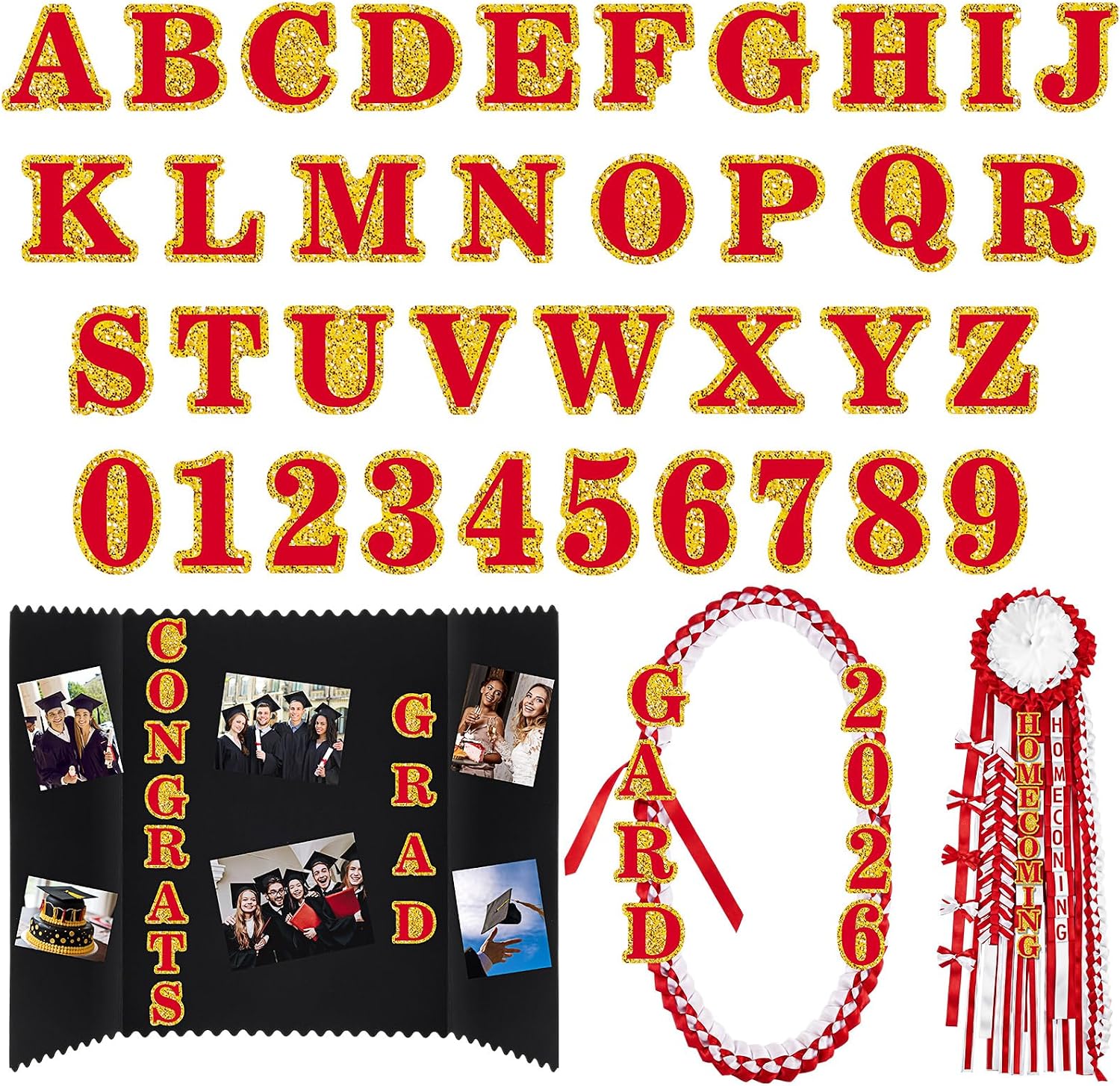 72 Pcs Glitter 2026 Graduation Letters Numbers Cardstock Shiny Crafts Alphabet with Adhesive Dots for Graduation Trifold Photo Board Grad Leis Homecoming Mums DIY Supplies(White Gold)