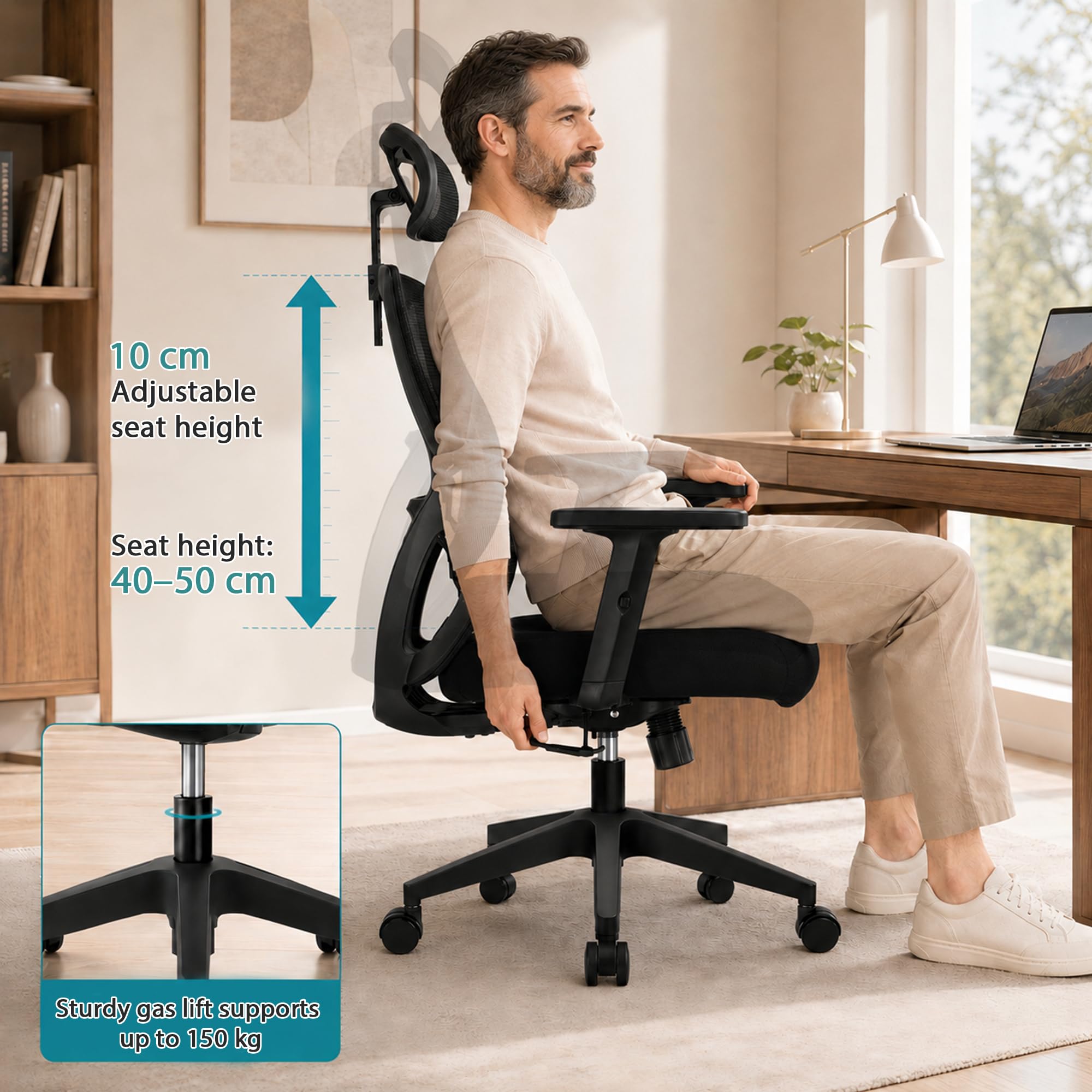 Durrafy Silla de Oficina Ergonómica con Reposacabezas Ajustable, Reposabrazos, Soporte Lumbar, Altura Regulable y Oscilación de 130°, Silla de Escritorio con Capacidad de Carga de 150 kg