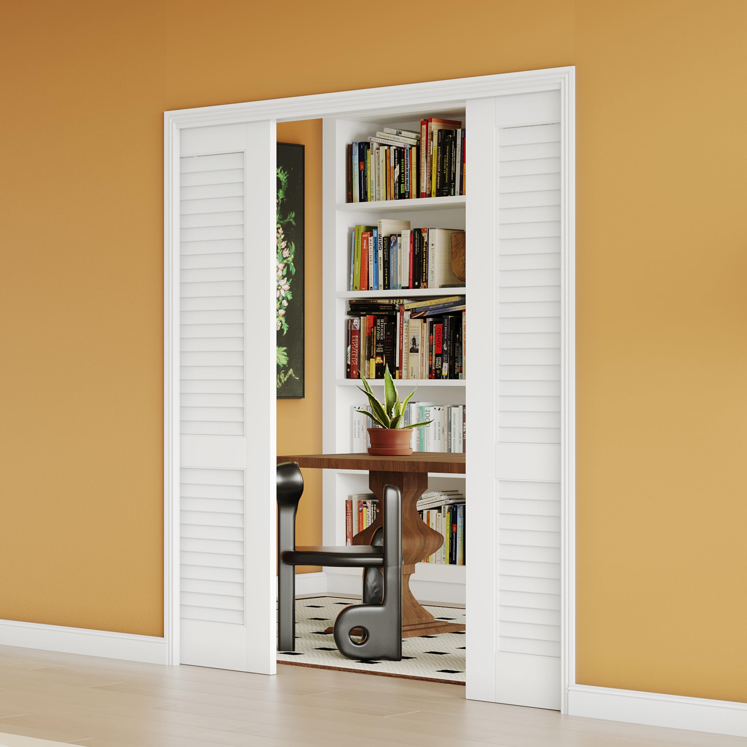 60" x 80" Sliding Pocket Door, Louvered Pantry Doors with Frame and Hardware Kit, Interior Door, White Primer Closet Doors - No Panel Assembly Required
