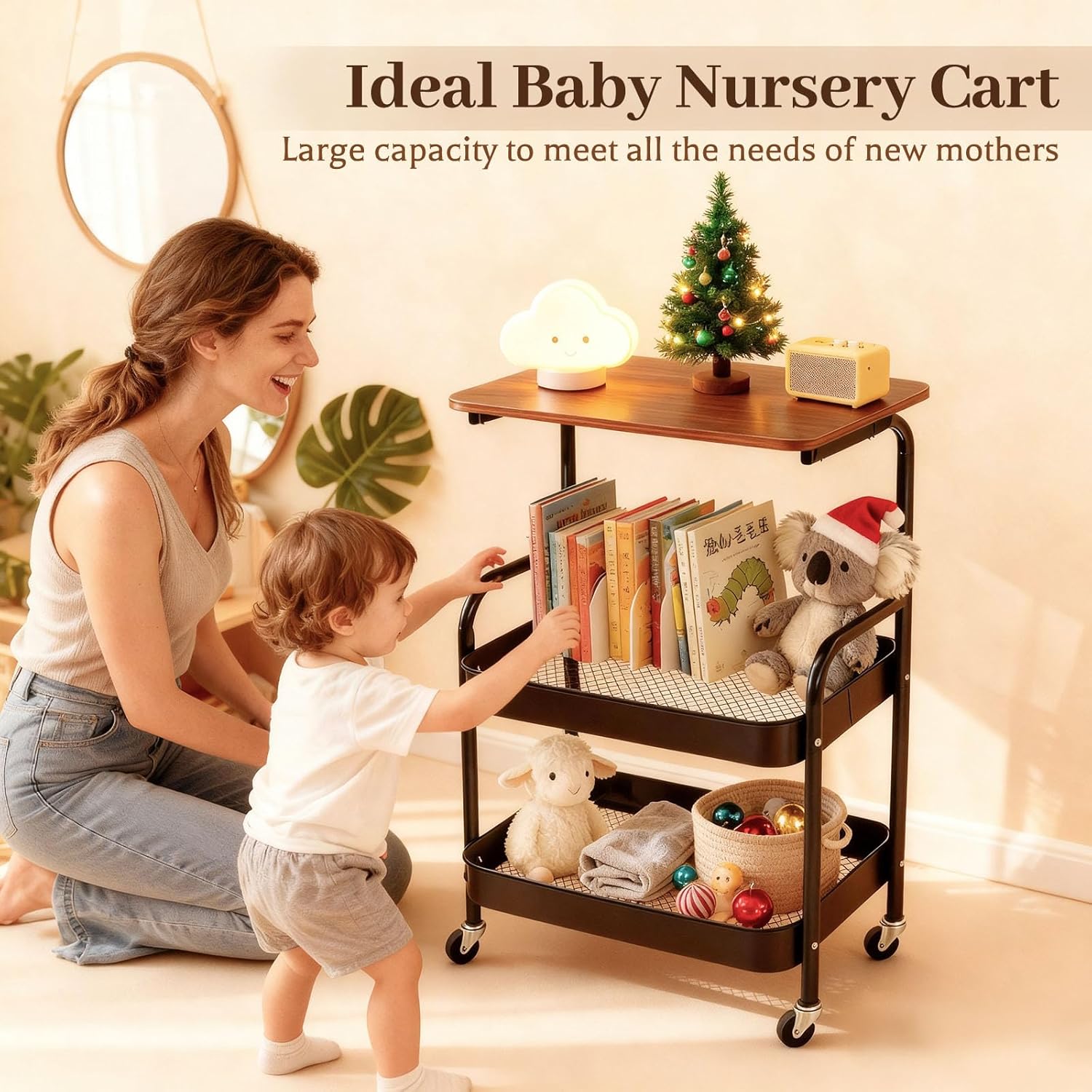 3 Tier Rolling Cart, Utility Rolling Carts with Wheels, Heavy Duty Metal Storage Organizer Rolling Cart for Art, Book, Snack, Kitchen, Office, Bathroom, Laundry, Dorm, Home (Black)