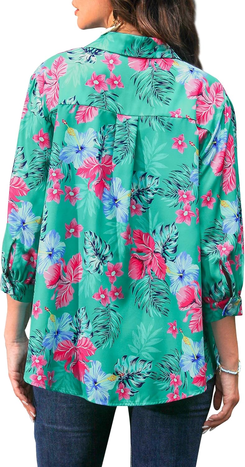Womens 3/4 Sleeve Hawaiian Shirts Button Down Floral Printed Casual Holiday T-Shirt V Neck Collar Trendy Boho Blouses Tops - Image 7