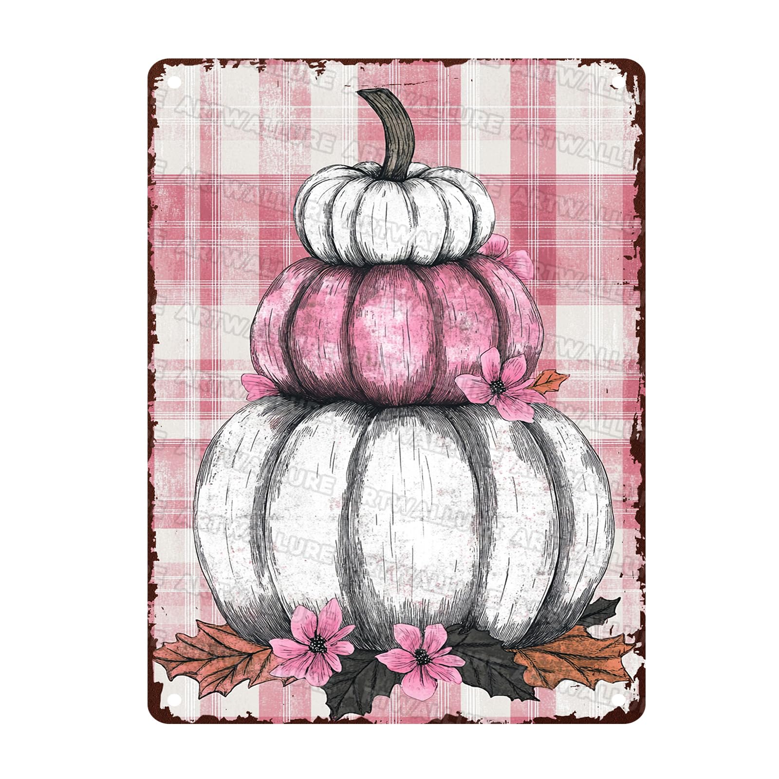 Fall White Pumpkin Patch Vintage Metal Tin Sign Rustic Wall Decor Autumn Eucalyptus Leaves Thanksgiving Farmhouse Retro Wall Art 12x16inch