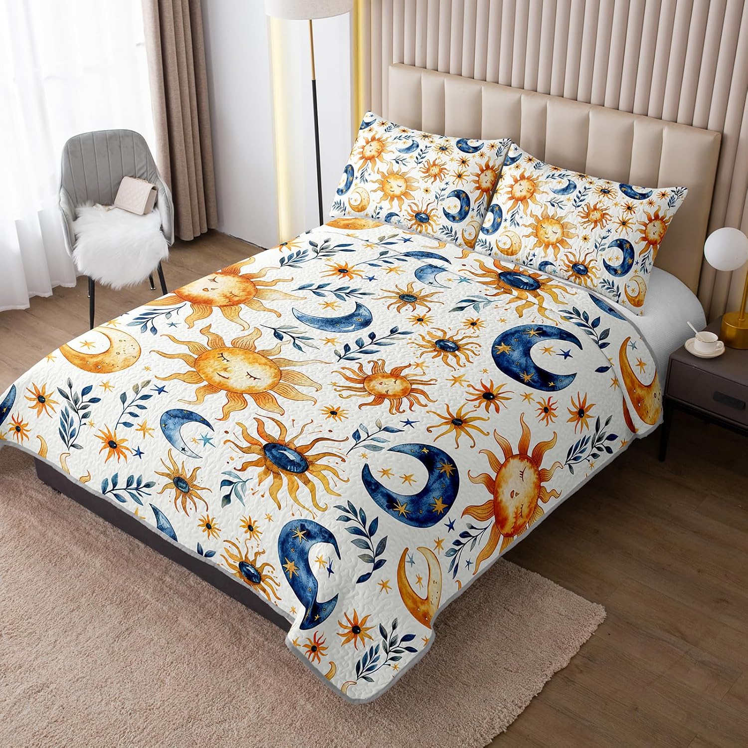 QOOMO Sun and Moon Quilt Set Full/Queen Size, 3 Pieces Boho Celestial Printed Bedspreads Coverlet Set, Soft Microfiber Lightweight Bohemian Botanical Bedding Set with 2 Pillowcases for All Season