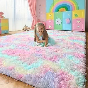 Pink Rainbow Fluffy Kids Rugs for Girls Bedroom, Unicorn Room Decor, Colorful Pastel Shag Area Rugs for Nursery Playroom Classroom, Cute Fuzzy Kawaii Carpet for Baby Toddler Teen, 4x6 Rug Washable