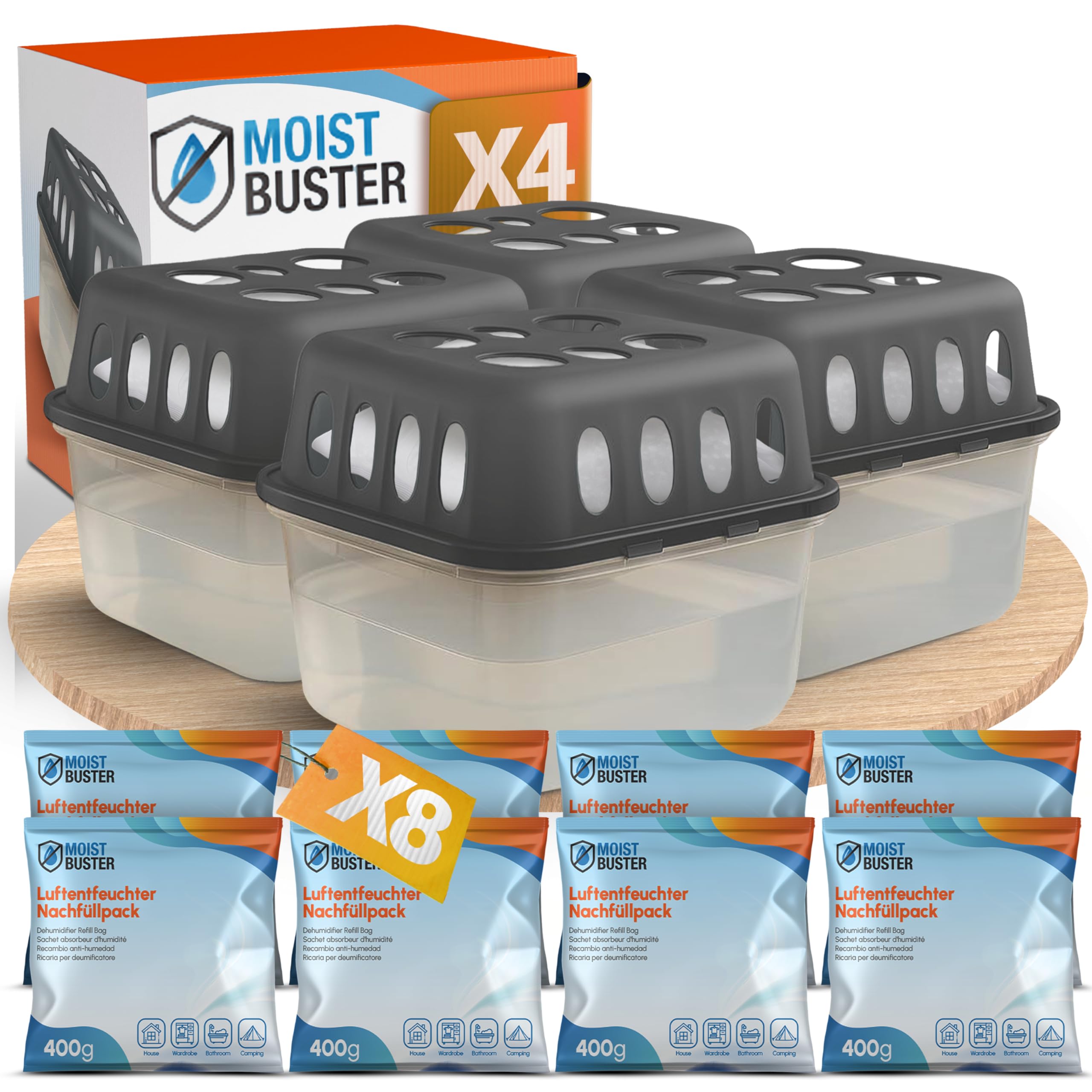 MoistBuster® 4x Luftentfeuchter ohne Strom + 8x 400g Luftenfeuchter Nachfüllpack - Raumentfeuchter bis 40m² für Keller, Bad uvm. - Entfeuchter und Luftentfeuchter Granulat im Set - Schutz vor Schimmel