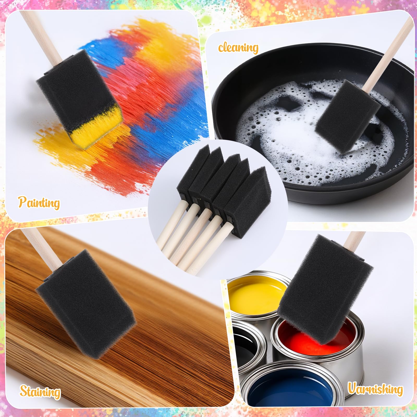 Lot de 100 pinceaux en mousse de 5,1 cm pour peinture, pinceau en mousse noire avec manche en bois pour acrylique, teinture, vernis, loisirs créatifs