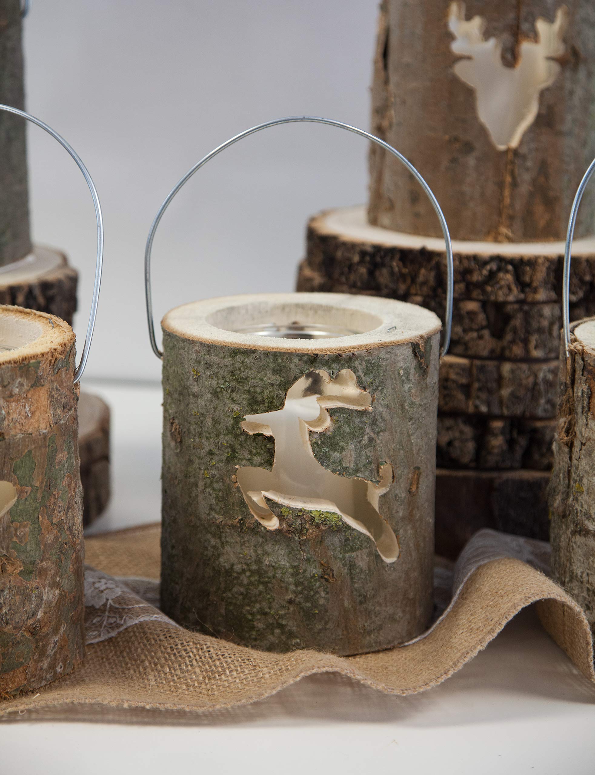 Rustic Wooden Birch Lantern With Glass Candle Holder - Christmas Lights Table Decor Centrepiece (Reindeer, 13cm)
