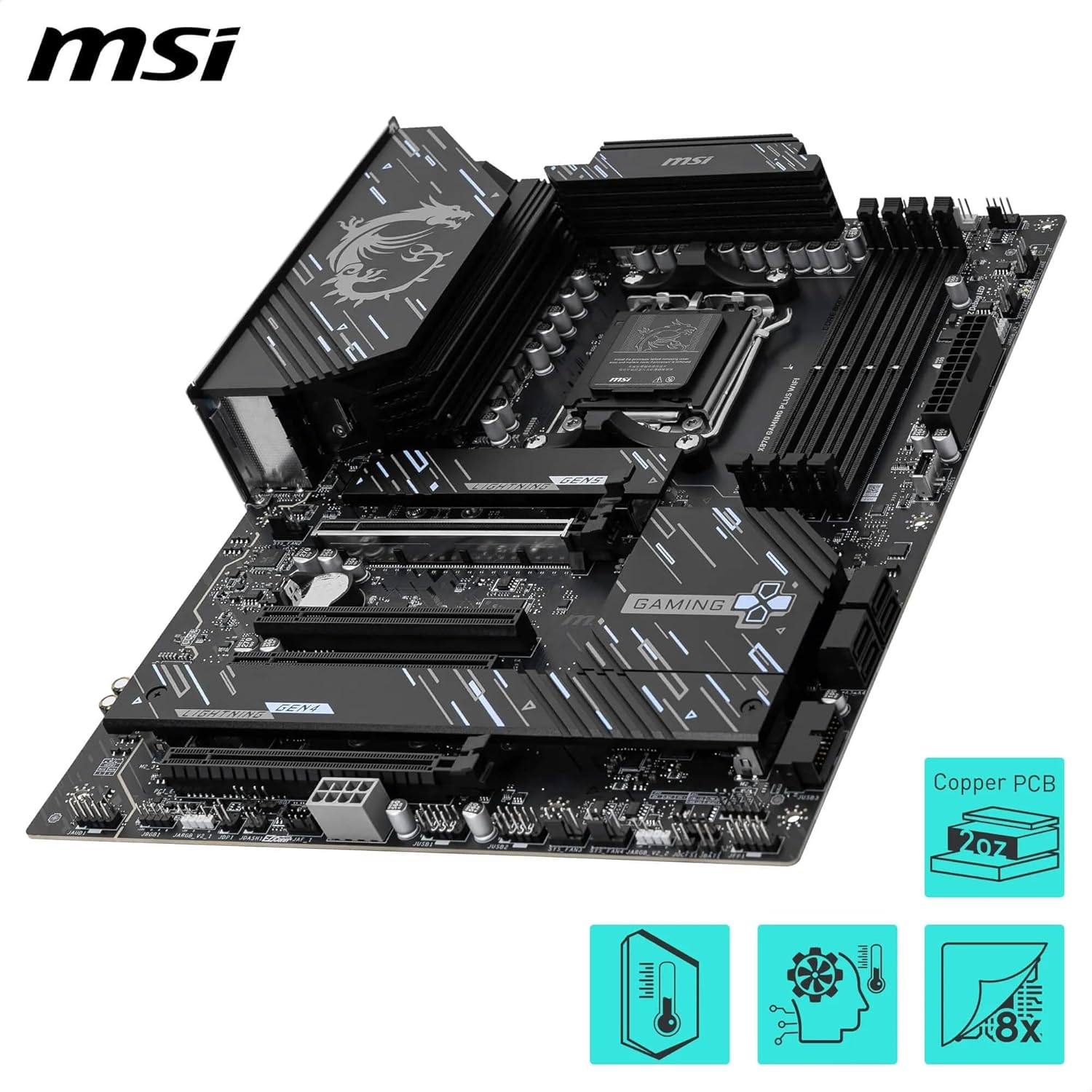En angle view of MSI X870E Gaming Plus WiFi Motherboard highlighting VRM heatsinks