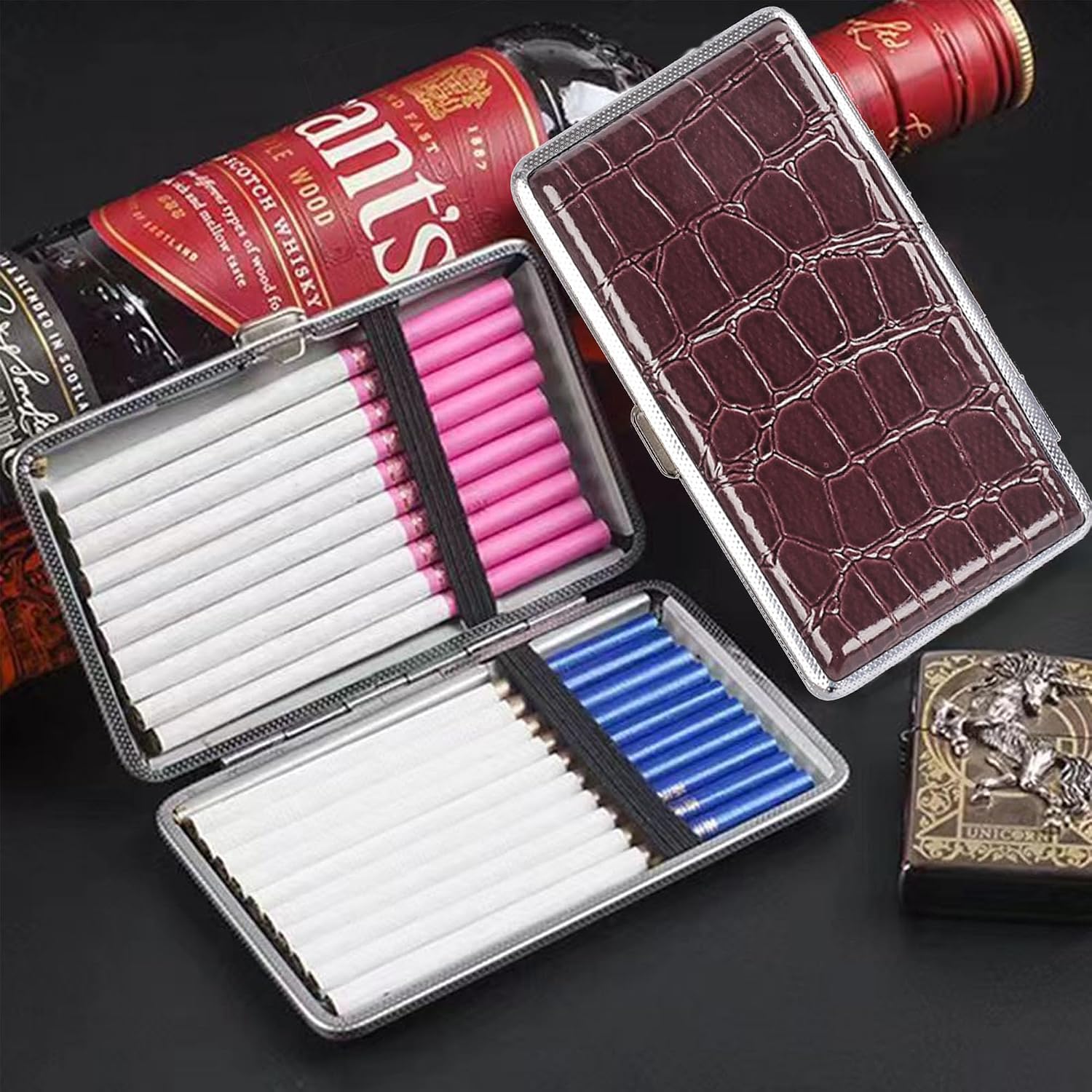 2 pcs Cigarette Case Stylish Leather,Cigarette Case,Cigarette Pack Holder,Portable Cigarette Holder Case Accessories,for 20 Slim Cigarettes Or 14 Normal Cigarettes,Men Women Gift (Wine red)