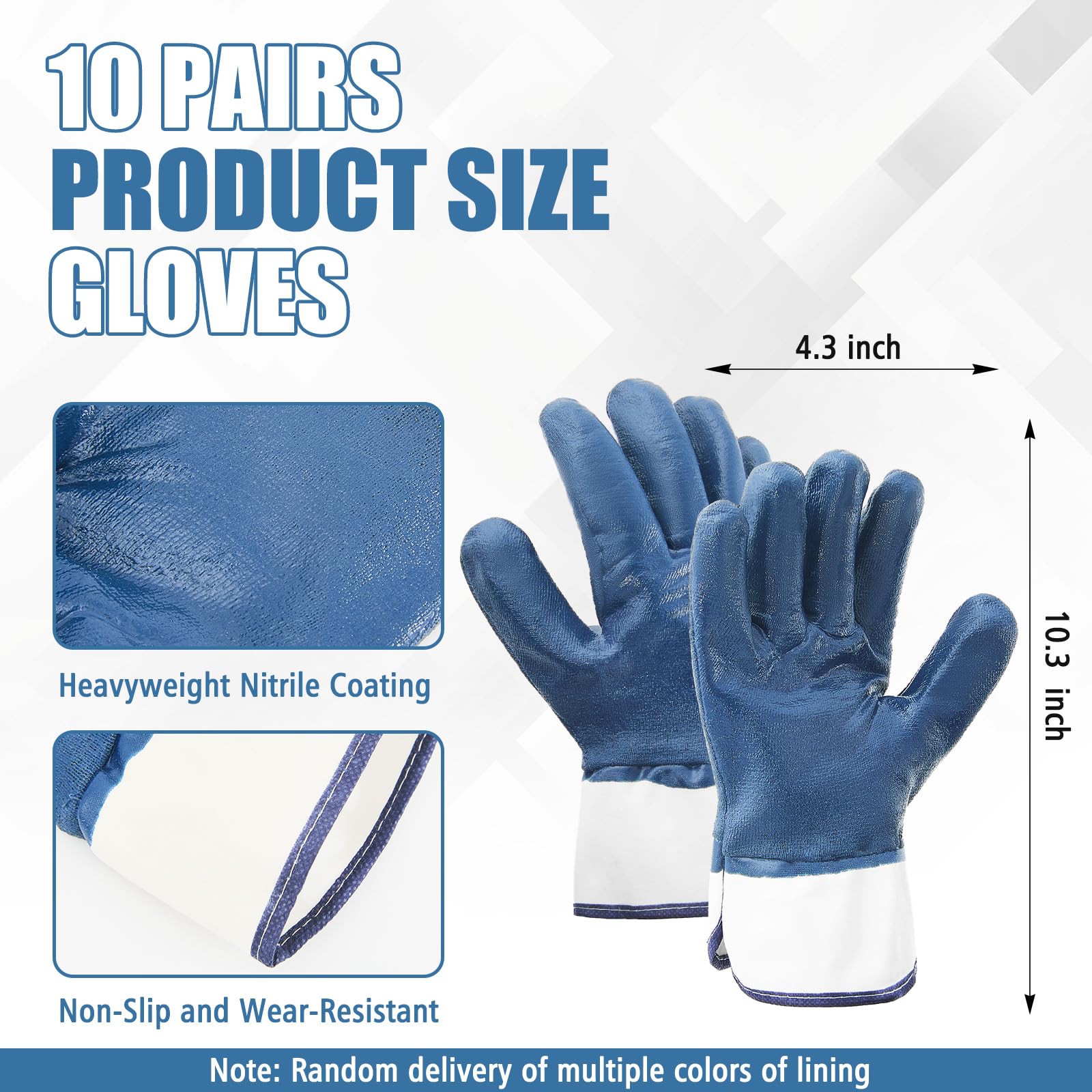 Teenyyou 10 pares de guantes de trabajo de nitrilo pesados totalmente recubiertos, talla única, guantes para hombre, guantes de transporte de aceite, guantes azules resistentes a los productos