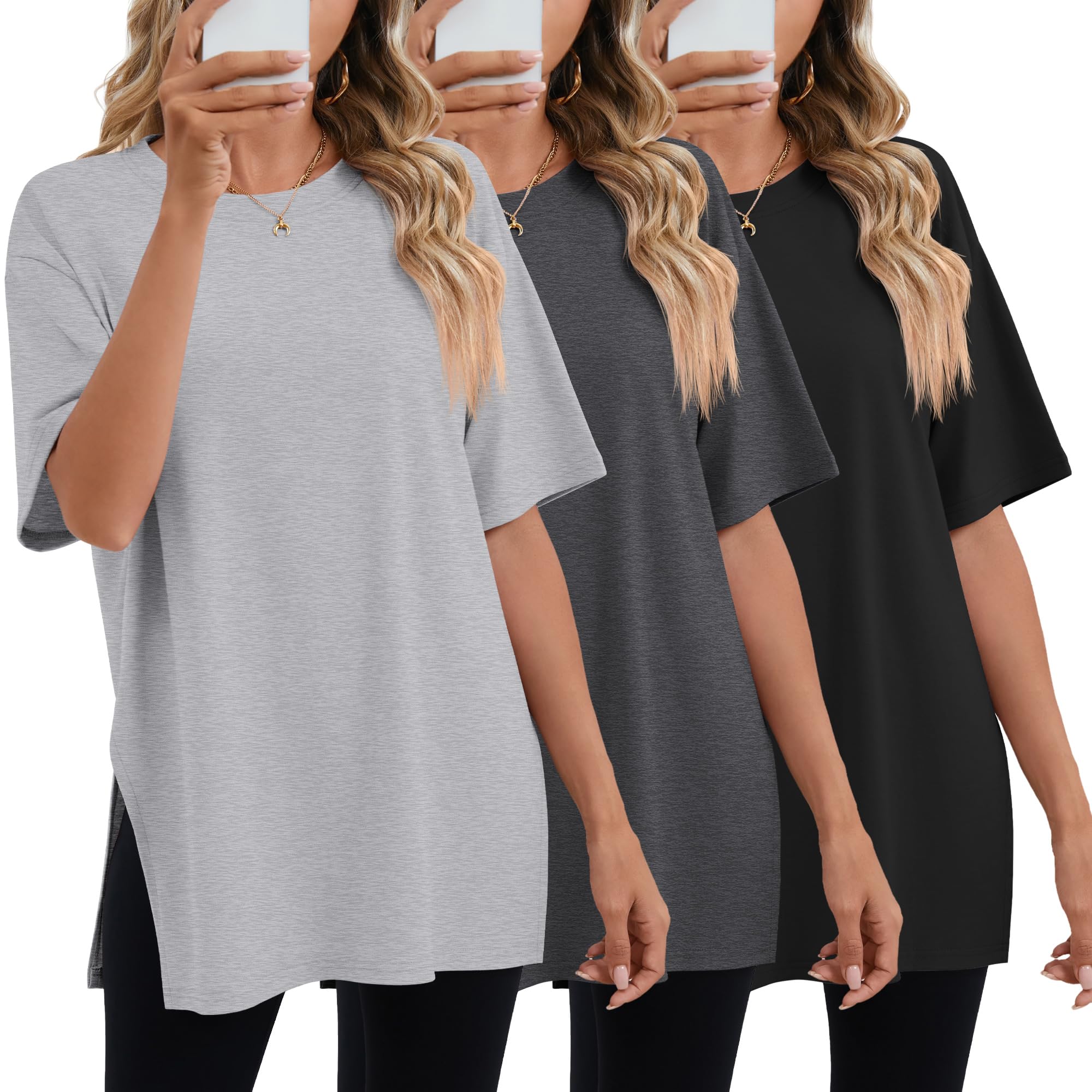 Huukeay 3 Pack Women's Oversized Gym T Shirts Short Sleeve Side Split Crewneck Tops Casual Summer Workout Baggy Basic Tee