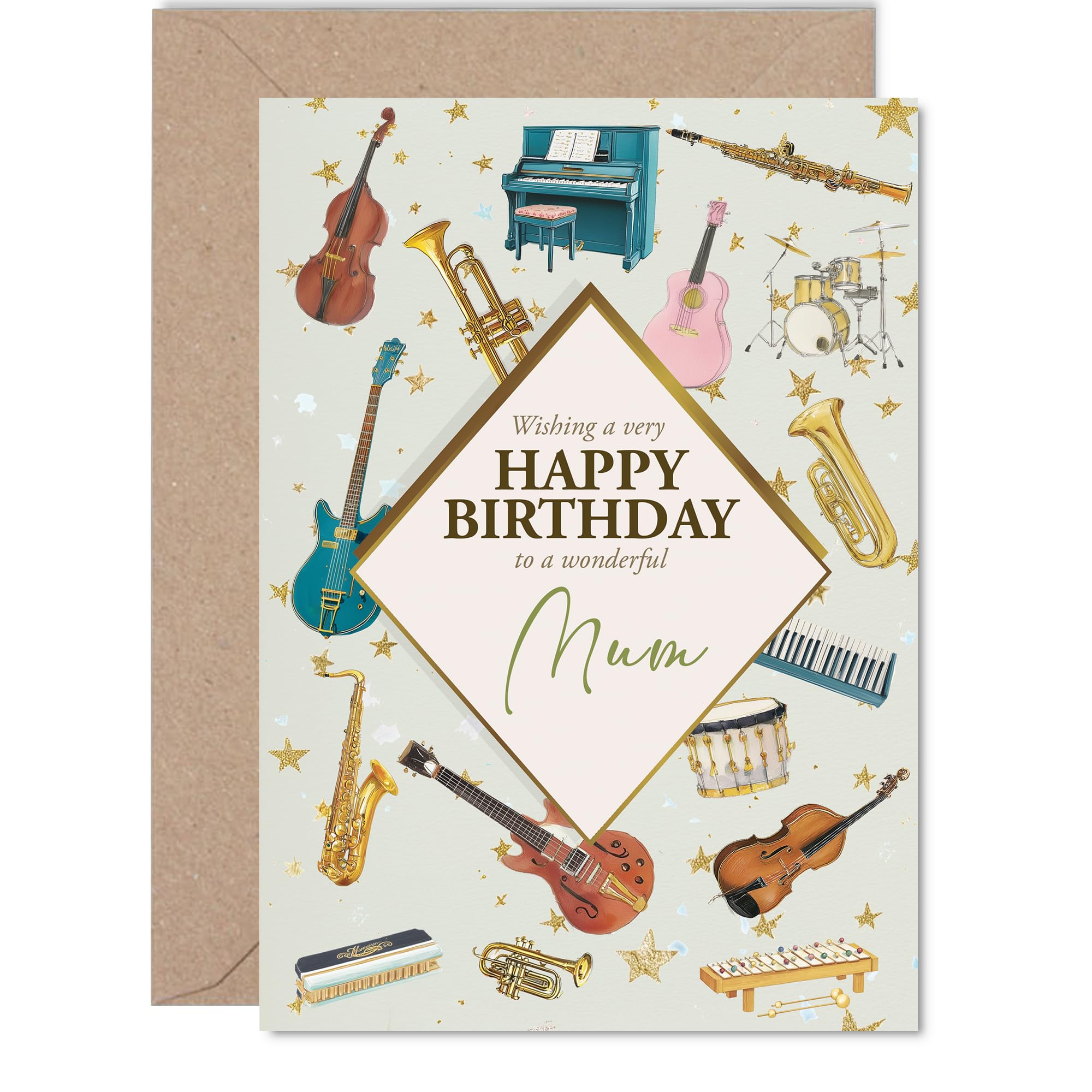 Mum Birthday Card - Music Lover - Happy Birthday Card for Mum from Son Daughter, 5x7 Inch Bass Acoustic Electric Guitar Bday Greeting Cards