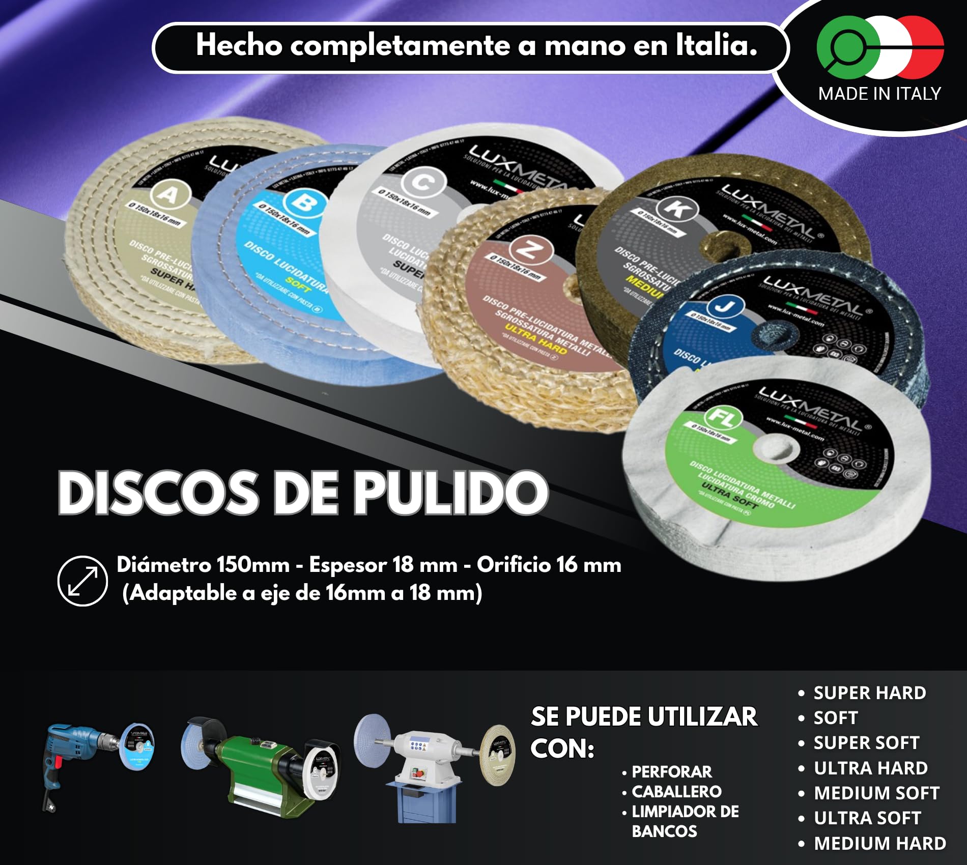 Lux Metal Kit 7 Discos Pulidores 150 mm 7 Pastas Abrasivas Pulidoras 250 gr Para Aluminio Hierro Acero Inoxidable Bronce Mármol Rueda de Pulido para Metales Taladro Muela Amoladora Fieltro Algodón