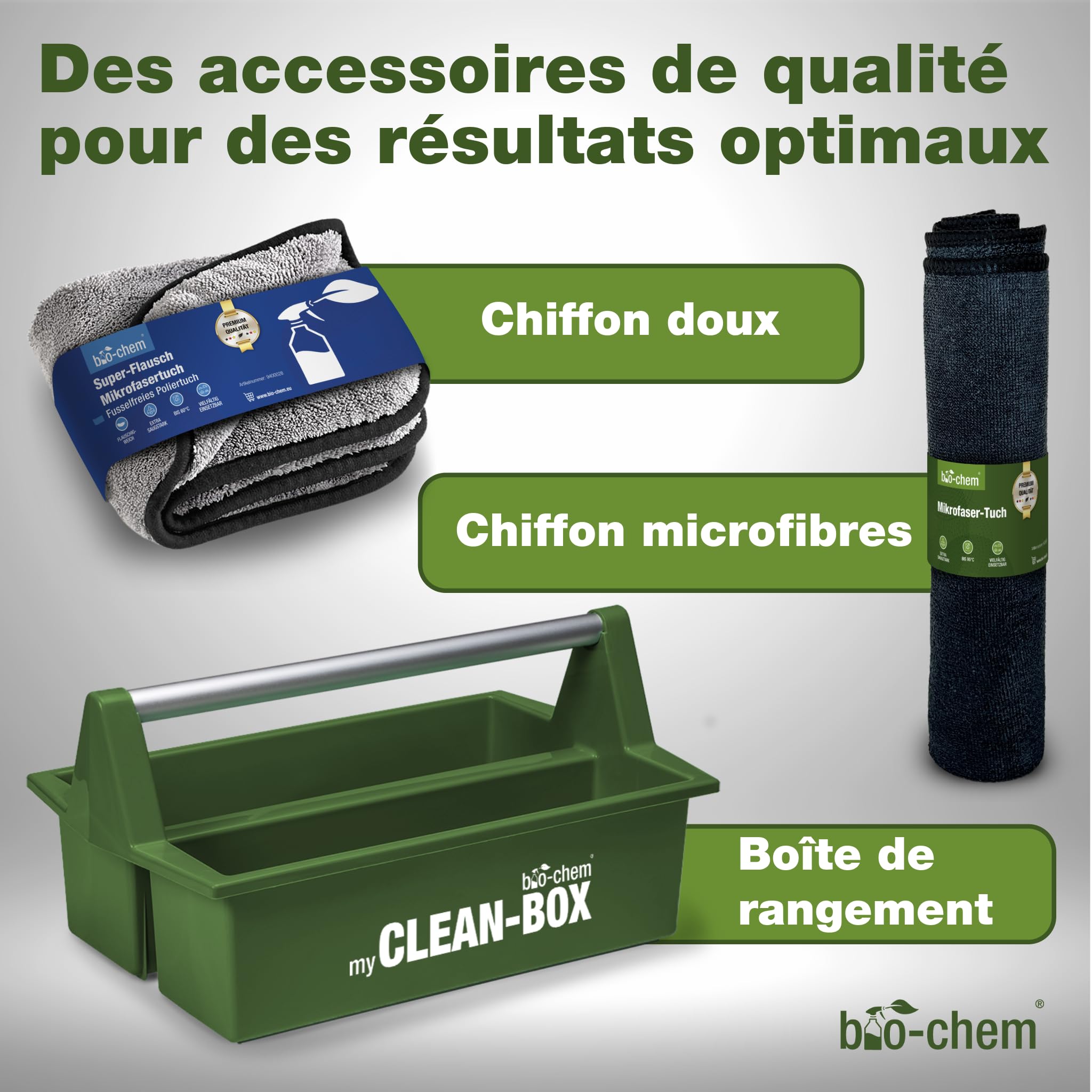 bio-chem Set de 9 nettoyants pour salle de bain, douches, WC | Déboucheur canalisation 1L - Décapant urine et calcaire 1L - Produit surfaces salle de bain 750ml + accessoires