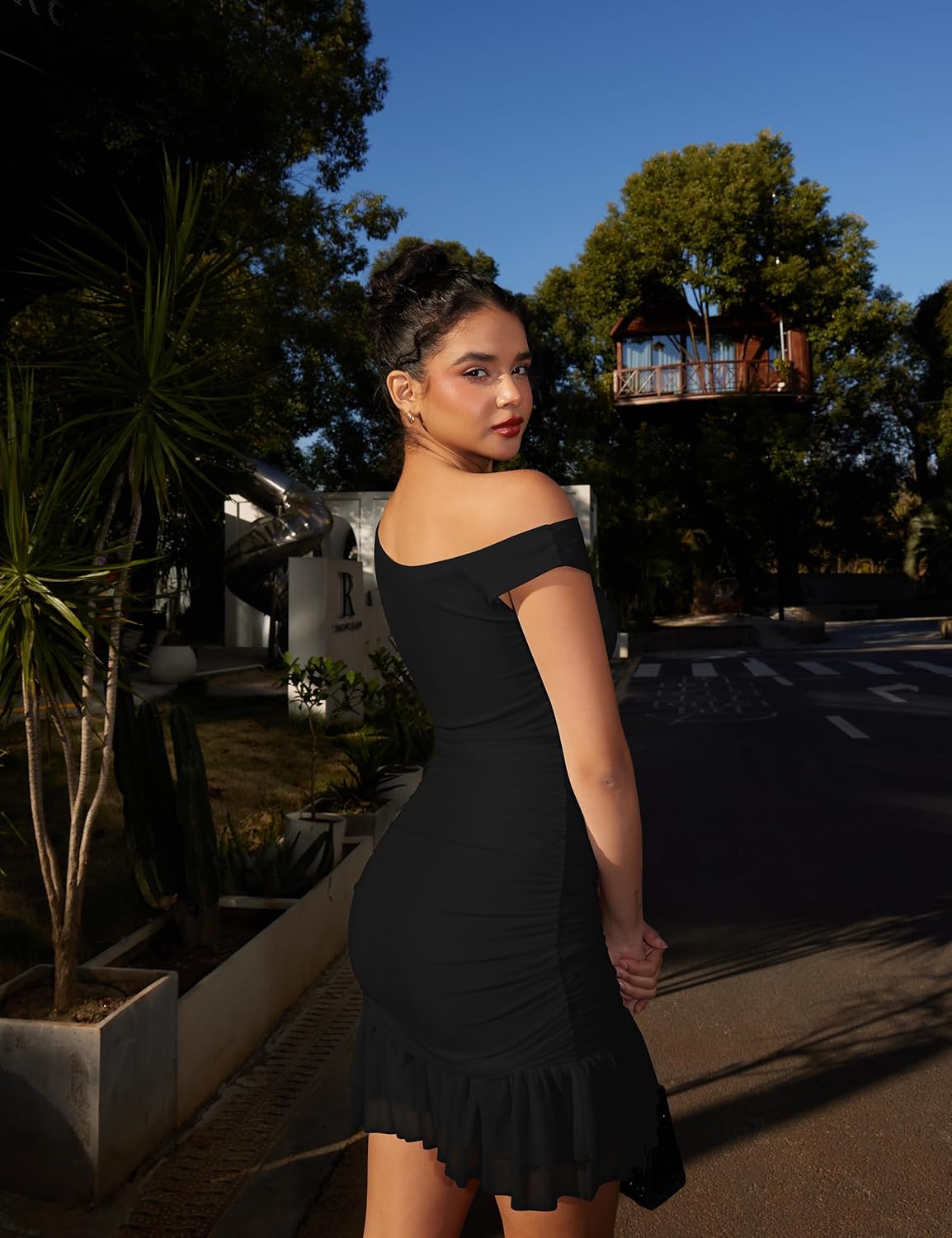 GOKATOSAU Women's One Off Shoulder Sleeveless Bodycon Ruched Mesh Ruffle Hem Mini Dress - Image 4