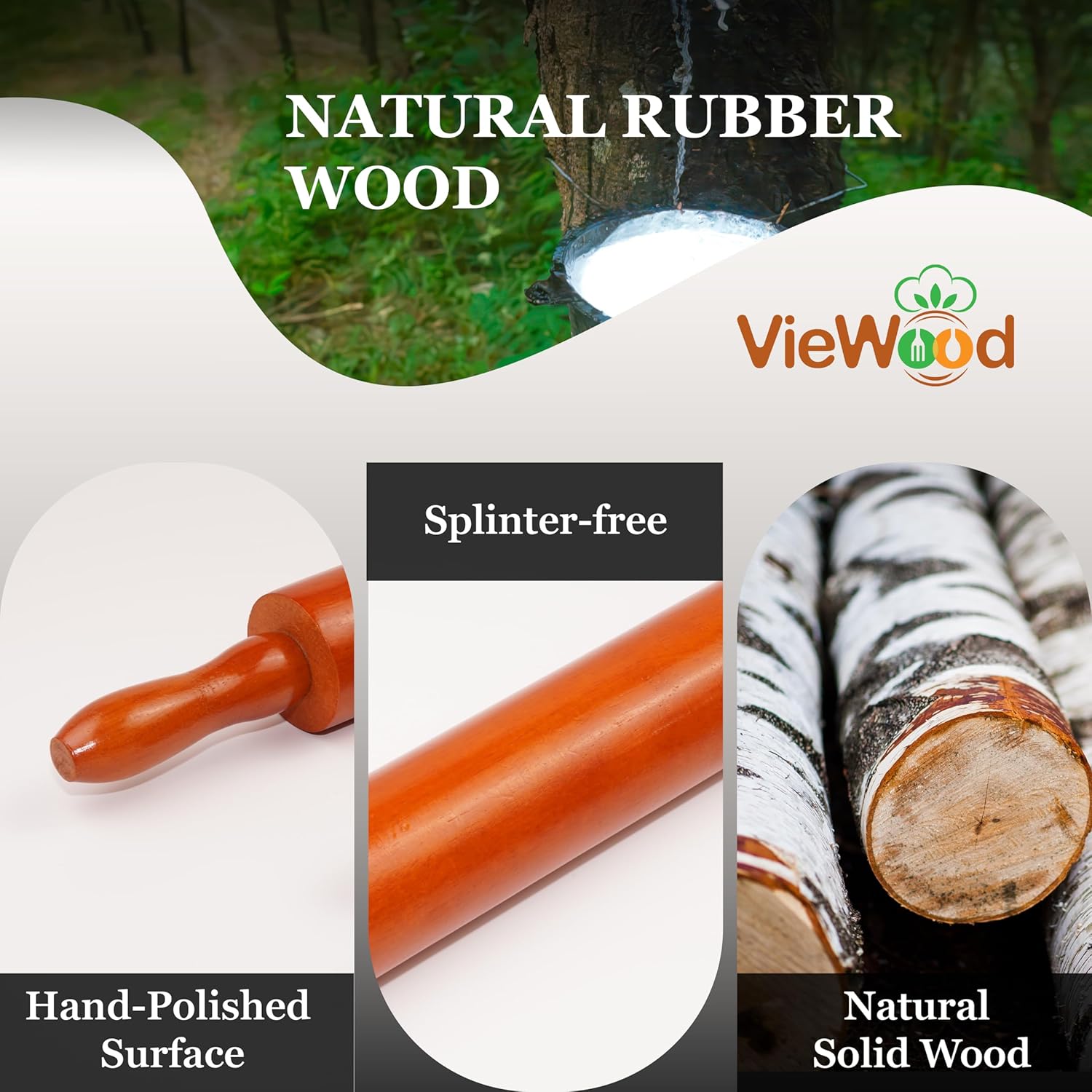 VieWood Wooden Rolling Pin, 18 Inch Set of 4 Wooden Dough Roller for Baking Pizza, Pies, Cookies, and Pastry, Comfortable Handles