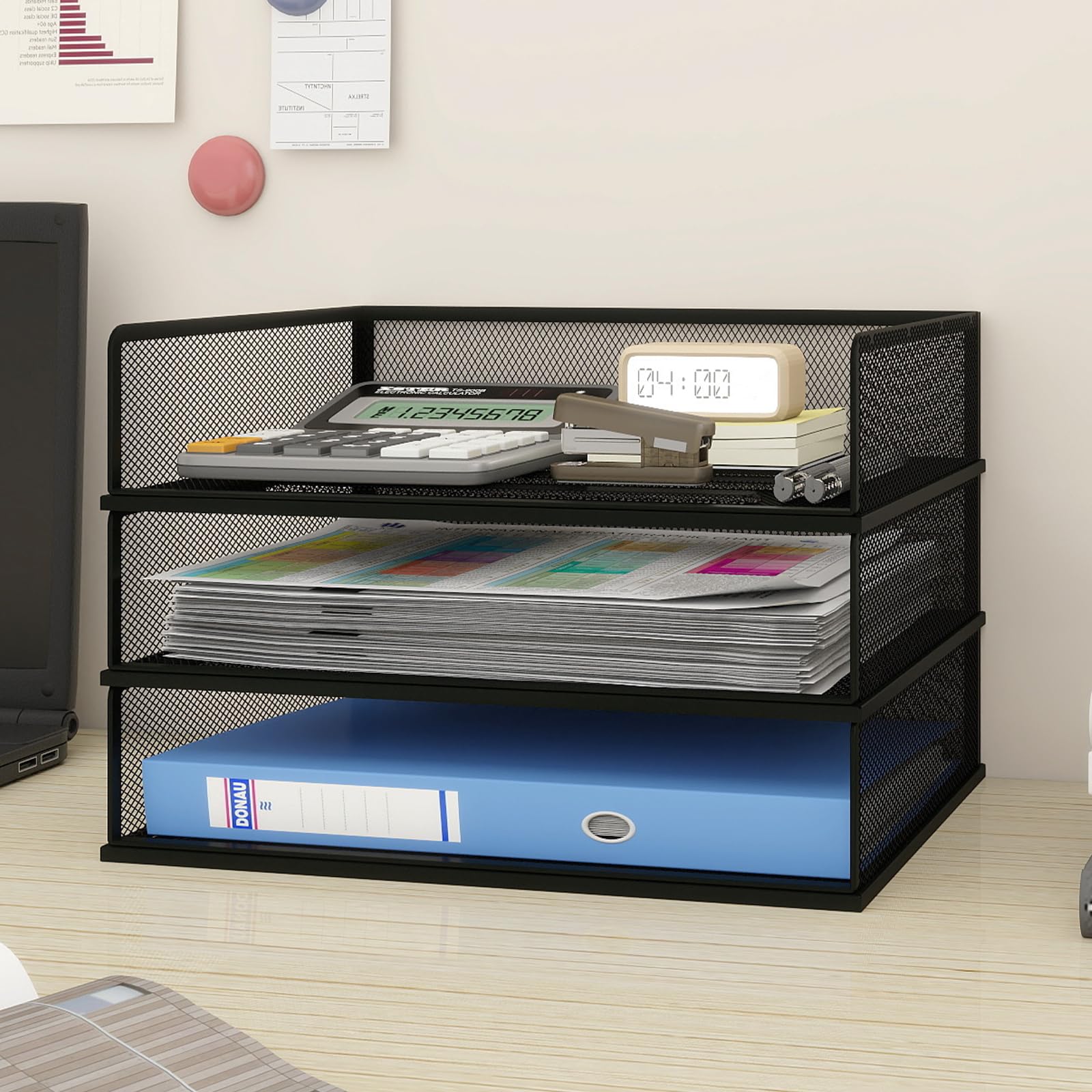 PUNCIA 3-Tier Widthways Desk Organiser Stackble Metal Mesh Paper Tray A4 Letter File Sorter Desktop Document Magazine Holder Storage Rack for Home Office Study School Black