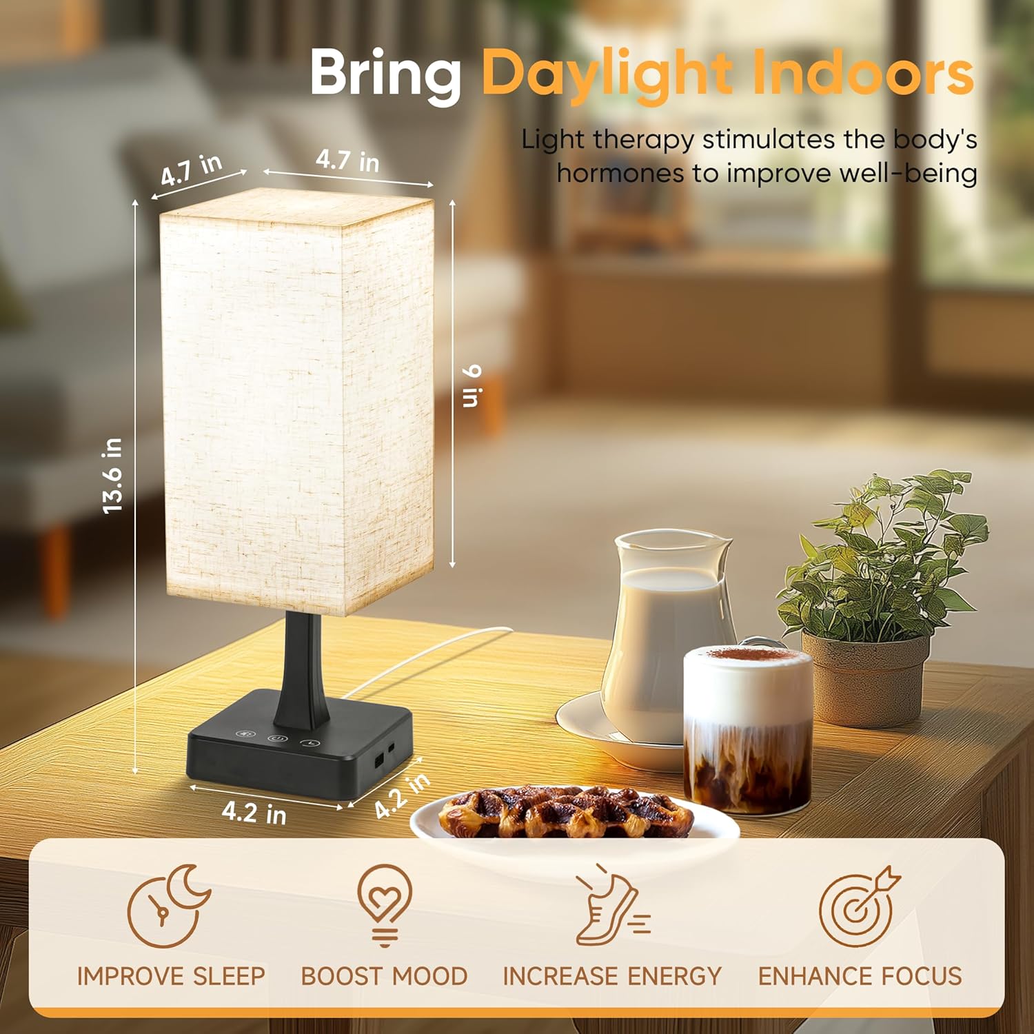 Light Therapy Lamp 10000 Lux Therapy Light with Remote and Touch Control, 3 Color Temperature, 5 Brightness Level Full Spectrum Light with USB C & A Ports Home/Office Use As Lift Mood, Black, 24W