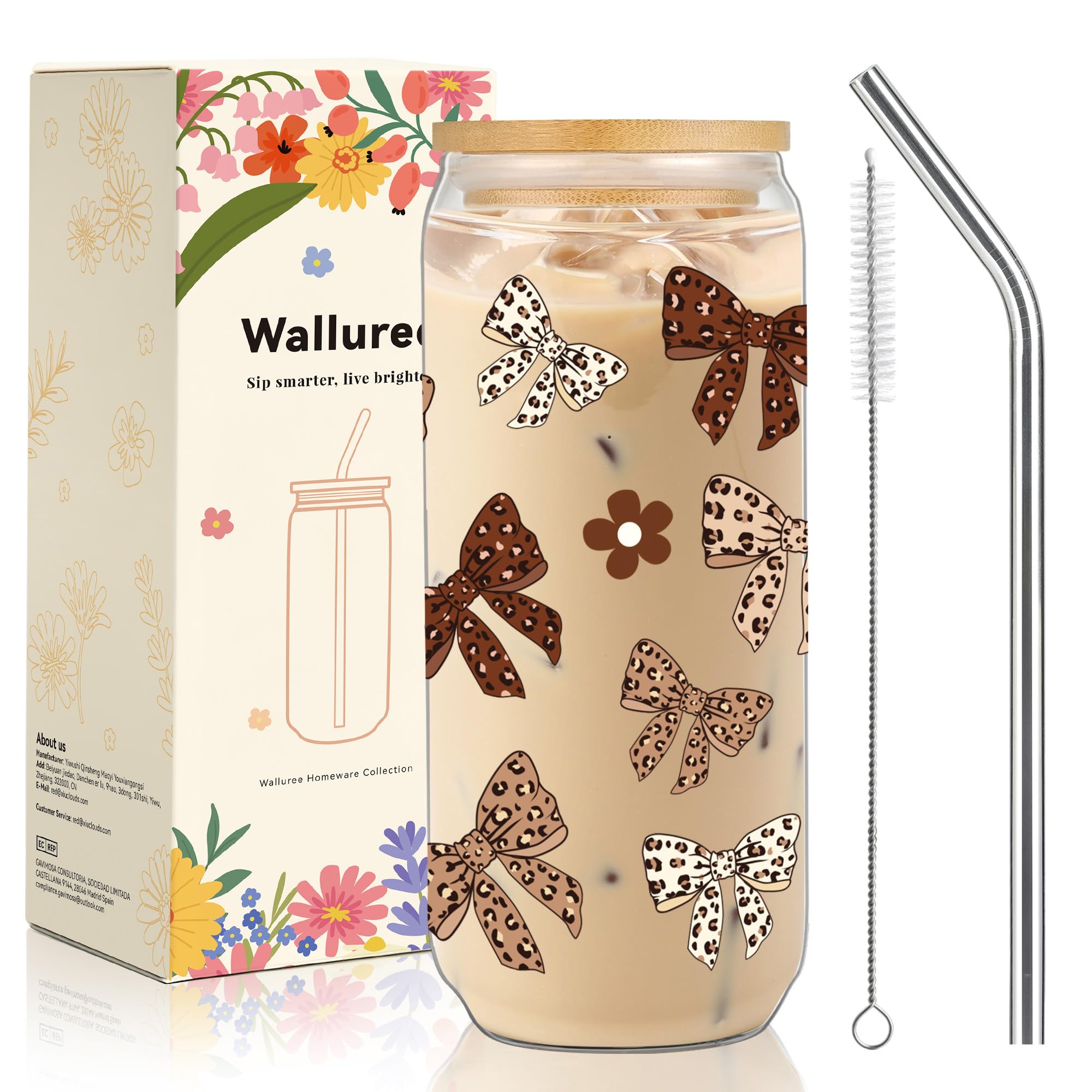 Walluree Glass Cups with Lid and Straw 20oz Leopard Bow Iced Coffee Tumbler