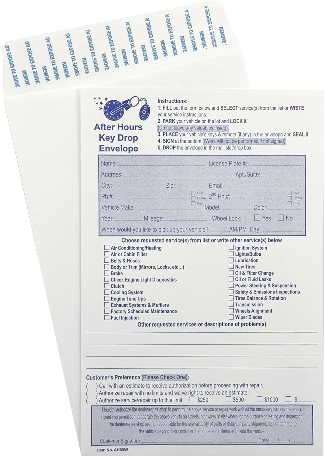 100 Cashier Depot - After Hours Key Drop Envelopes AH69W, 6" x 9", White 28lb Paper, Open End with Peel & Seal – Night Drop Service Envelopes for Auto Repair Shops, Garages & Car Dealers, 100 Count