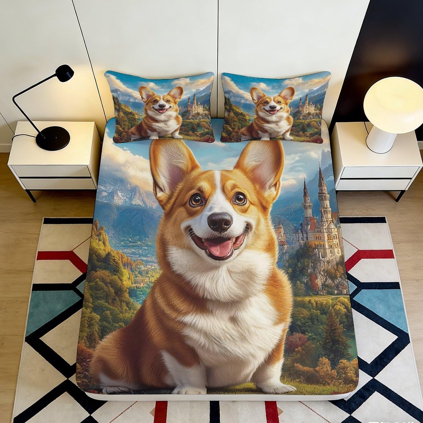 3D Printed Corgi Dog Fitted Sheet Microfiber Soft Breathable Castle Landscape Bed Cover for Bedroom Dormitory Guest Room Mattress Protection Decor 160x200x25cm