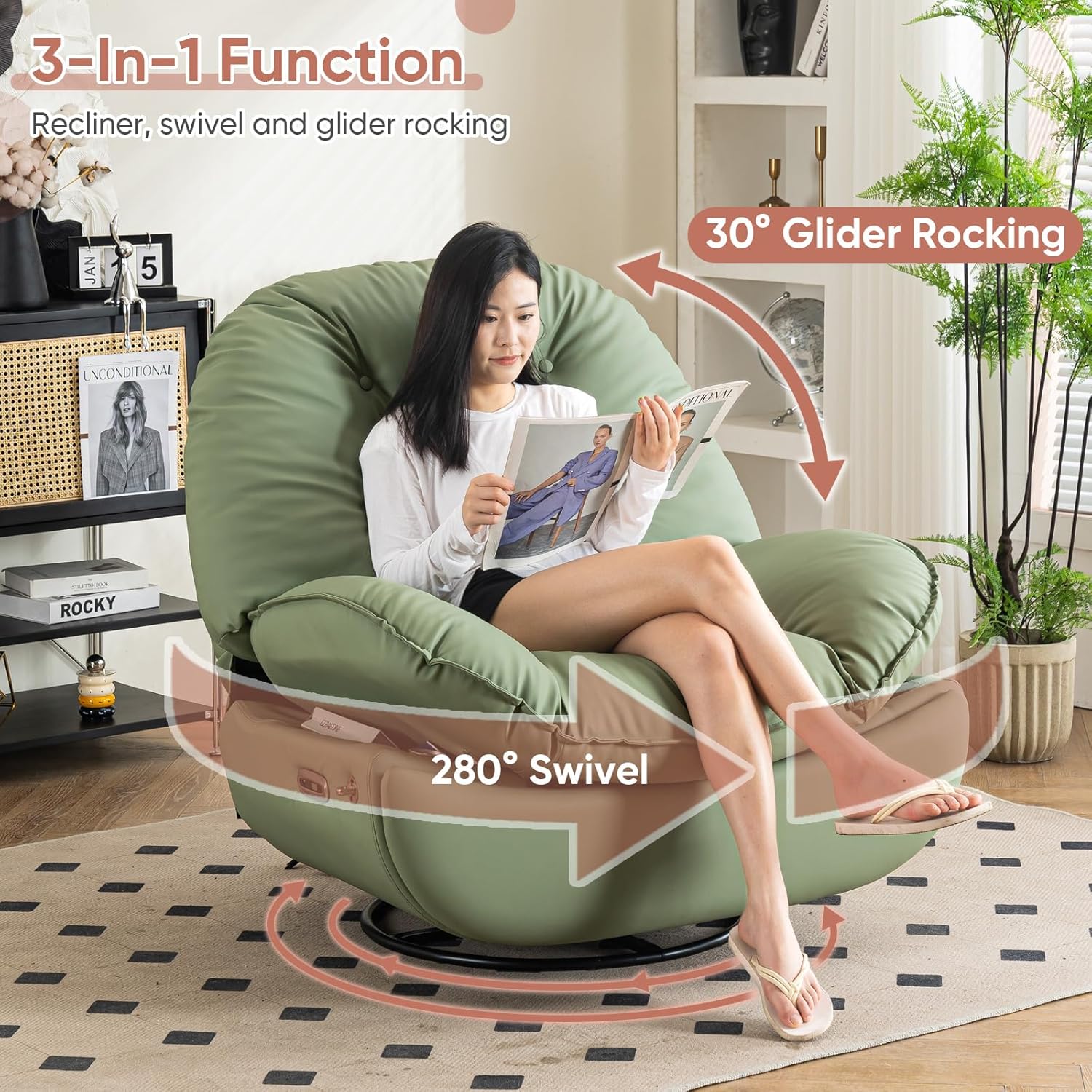 Oversized Electric Recliner Chair, 360 Swivel Rocking Glider Rocker for Adults Modern Ergonomic Lounge for Living Room Phone Stand& Smart Control Theater Seating (Black, Silicone Leather)