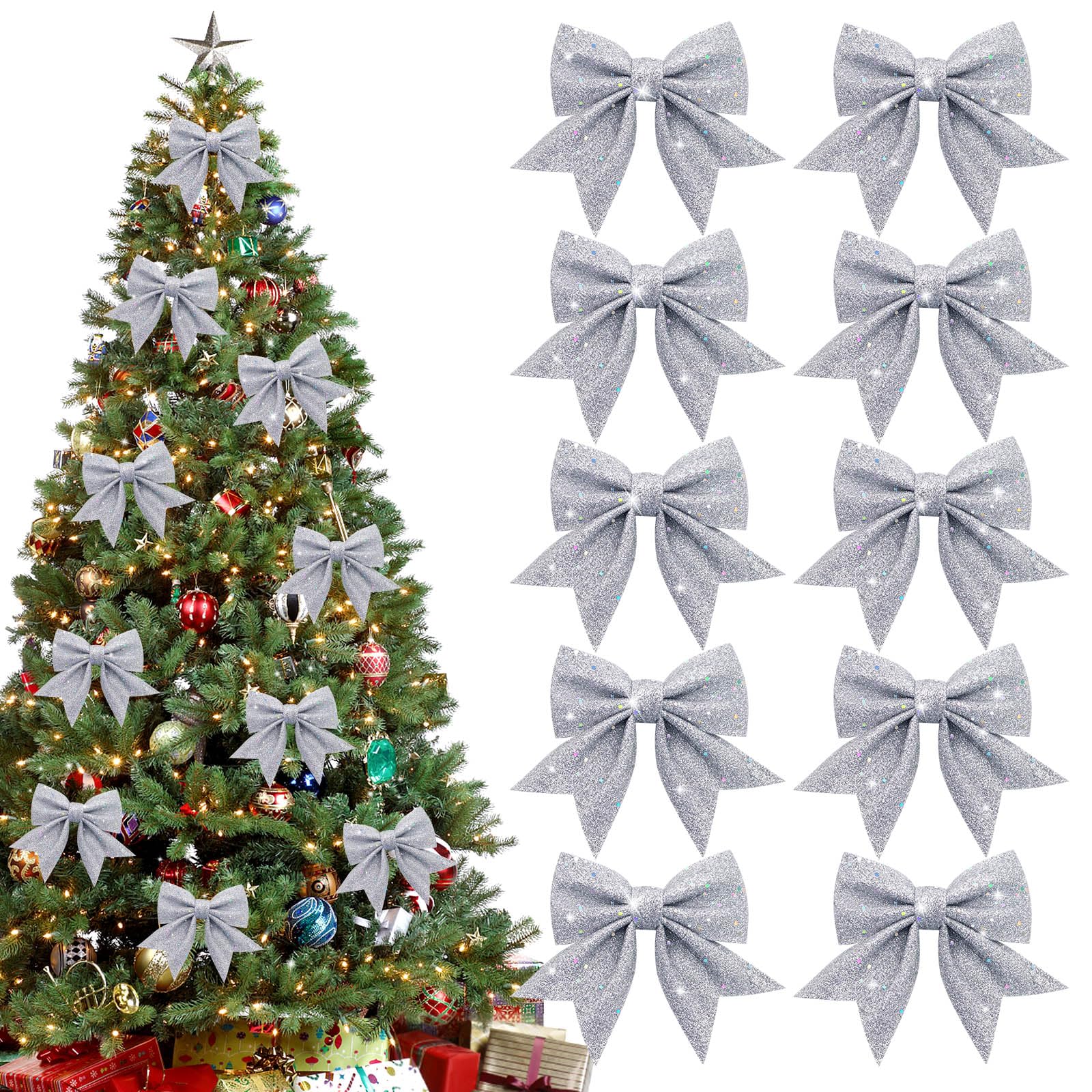 Shining She 10 Packs Glitter Silver Christmas Bows Decorations, Small Christmas Tree Bow Ornaments, Sequin Bow Ties for Xmas Wreaths, Garland, Tree Decoration — image 1