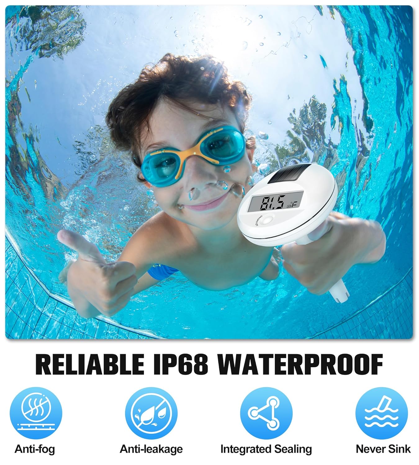 FirstE 2025 Solar Digital Pool Thermometer with Rope | Big Number LCD Display Floating Pool Thermometer for Easy Read | High Precision, IP68 Waterproof | Pools Water Temperature Gauge for Hot Tub, Spa