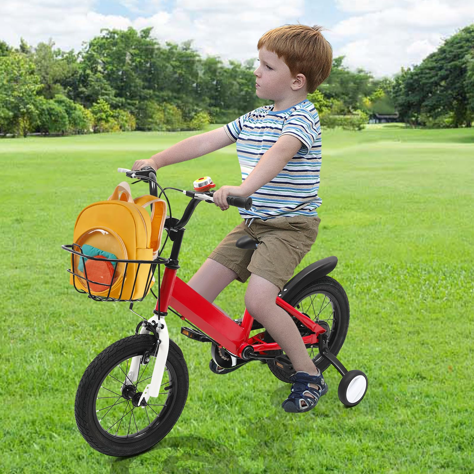 Vélo Enfant 14 Pouces, Velo Enfant avec Roues Stabilisatrices et Panier pour 3 à 5 Ans garçon et Fille, Guidon et siège réglables en Hauteur