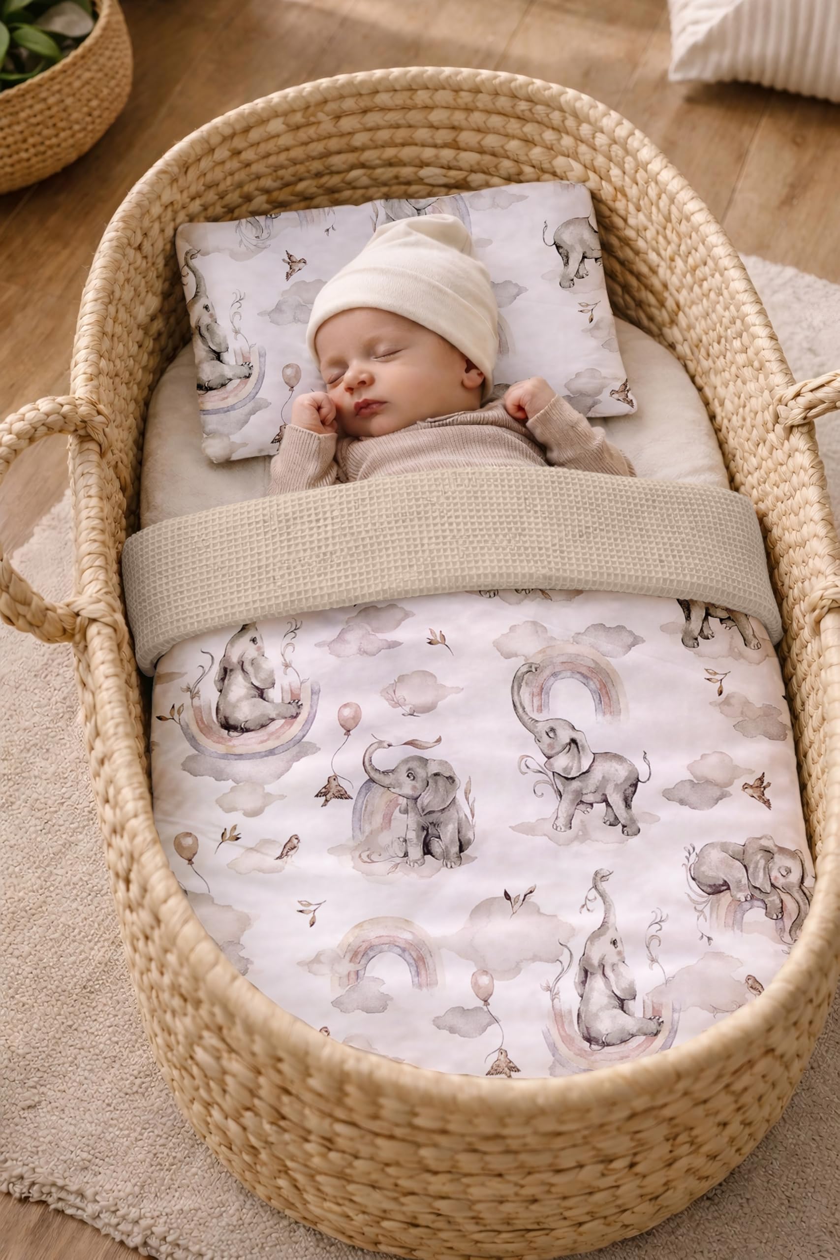 Babynest Nestchen Baby Set für Neugeborene – 5-teilig – Kuschelnest aus 100% Baumwolle & Waffelpique – Babykokon tragbar – für Babybett, Kinderbett & Kinderwagen – OEKO-TEX - Elefanten und Sand