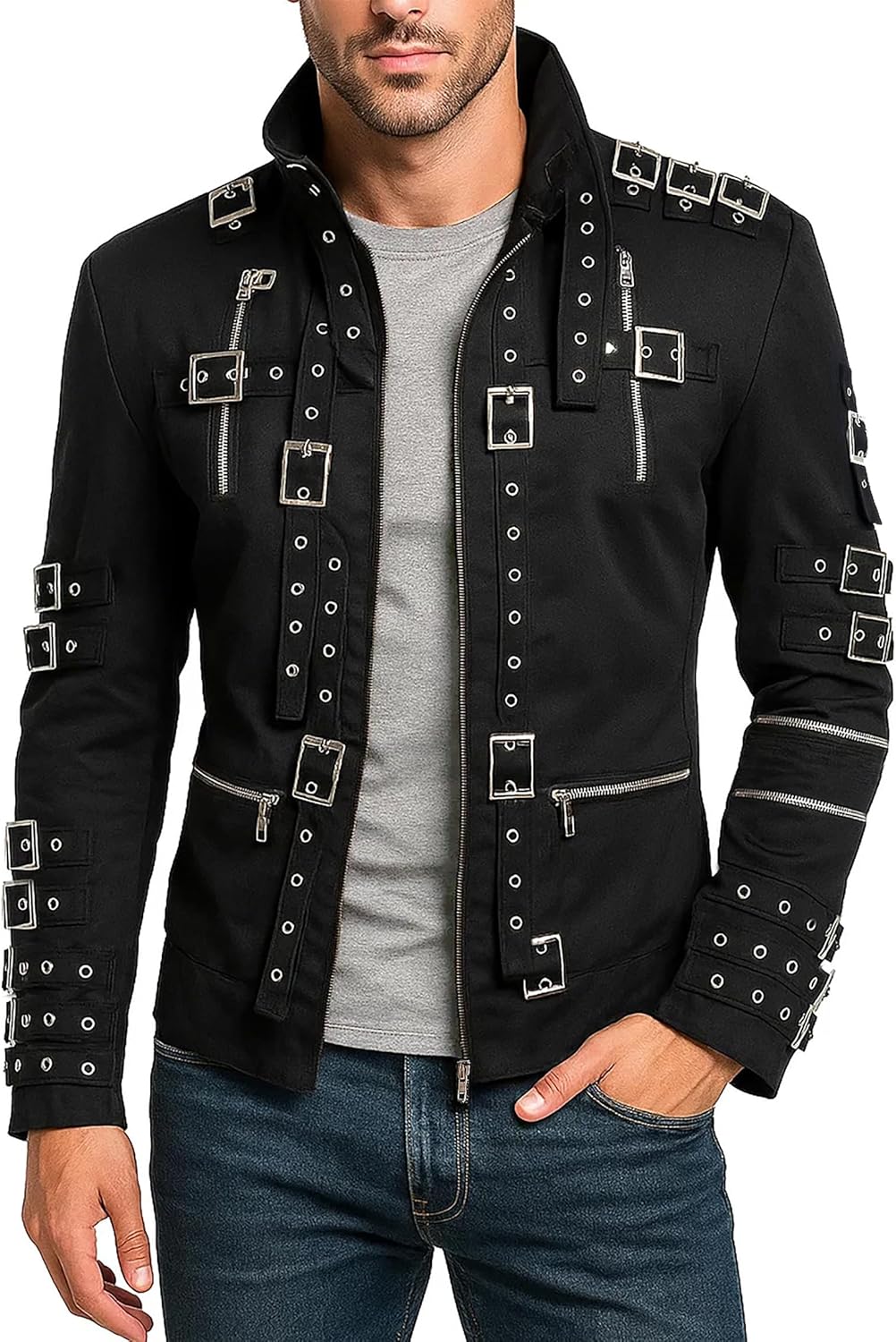 Men’s 80s Rockstar Dancer Costume Jacket - Black Cotton Biker Belted Halloween Outfit for Adults