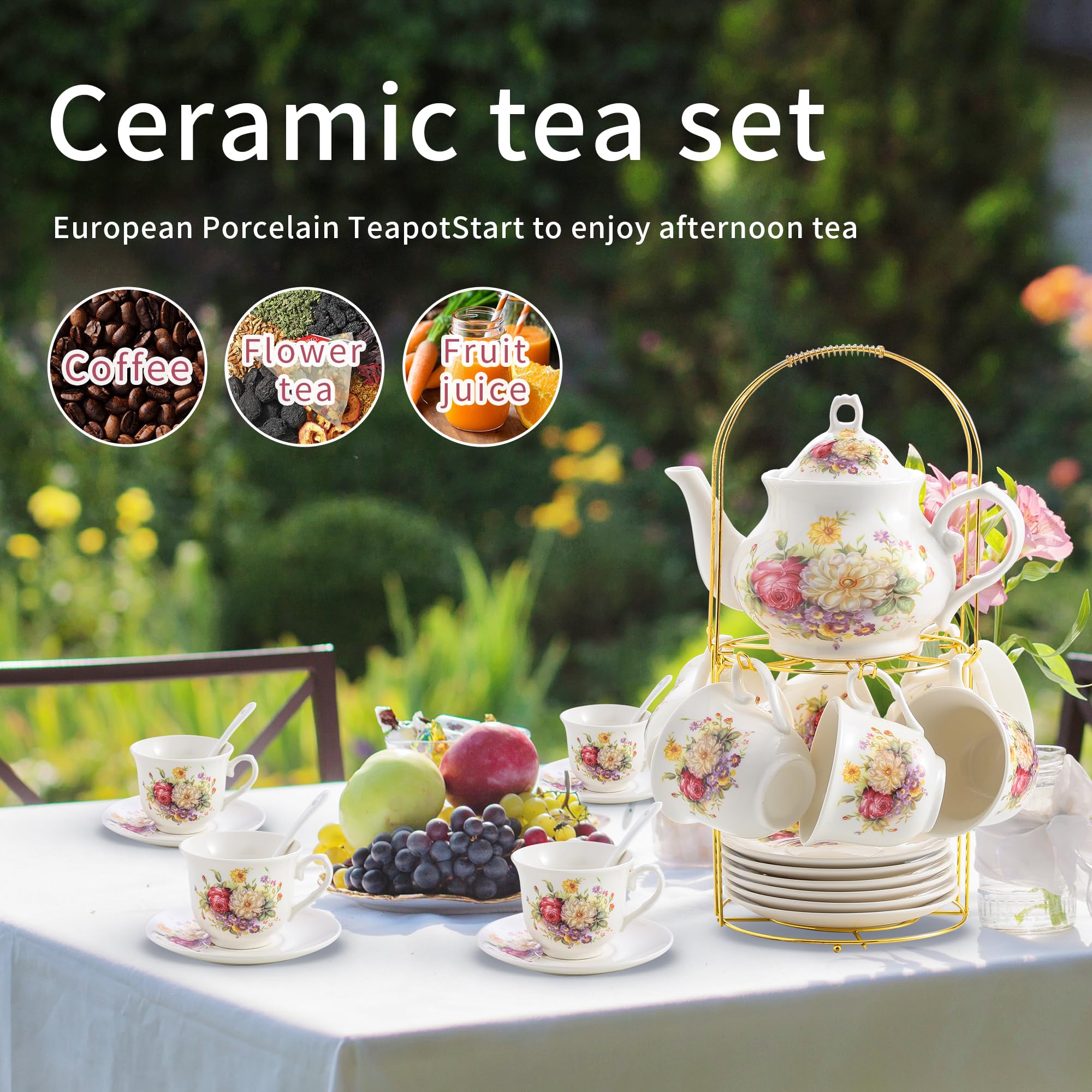 Juego de té de porcelana de 20 piezas para mujeres, juego de té para adultos con estante de metal dorado, juegos de regalo de té para el hogar y fiesta (012)