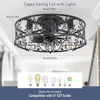 Ganeed Caged Ceiling Fan with Lights Industrial Style Black 4 Lights | Farmhouse Ceiling Lighting 51cm Low Profile Ceiling Flush Mount Lamp E27 with Remote Control
